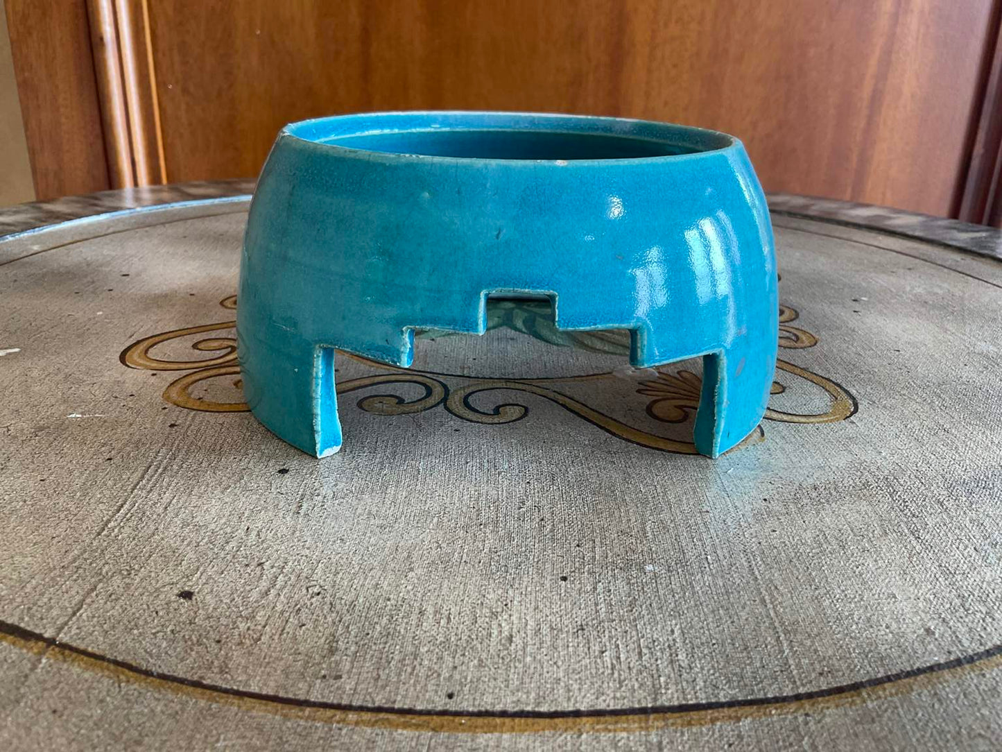 Ceramic Bison Bowl with Lid on Stand, Signed