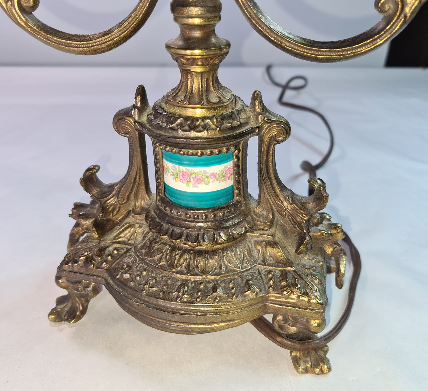 Antique Beautifully Ornate Brass Candelabra Lamp with hand painted porcelain detail.