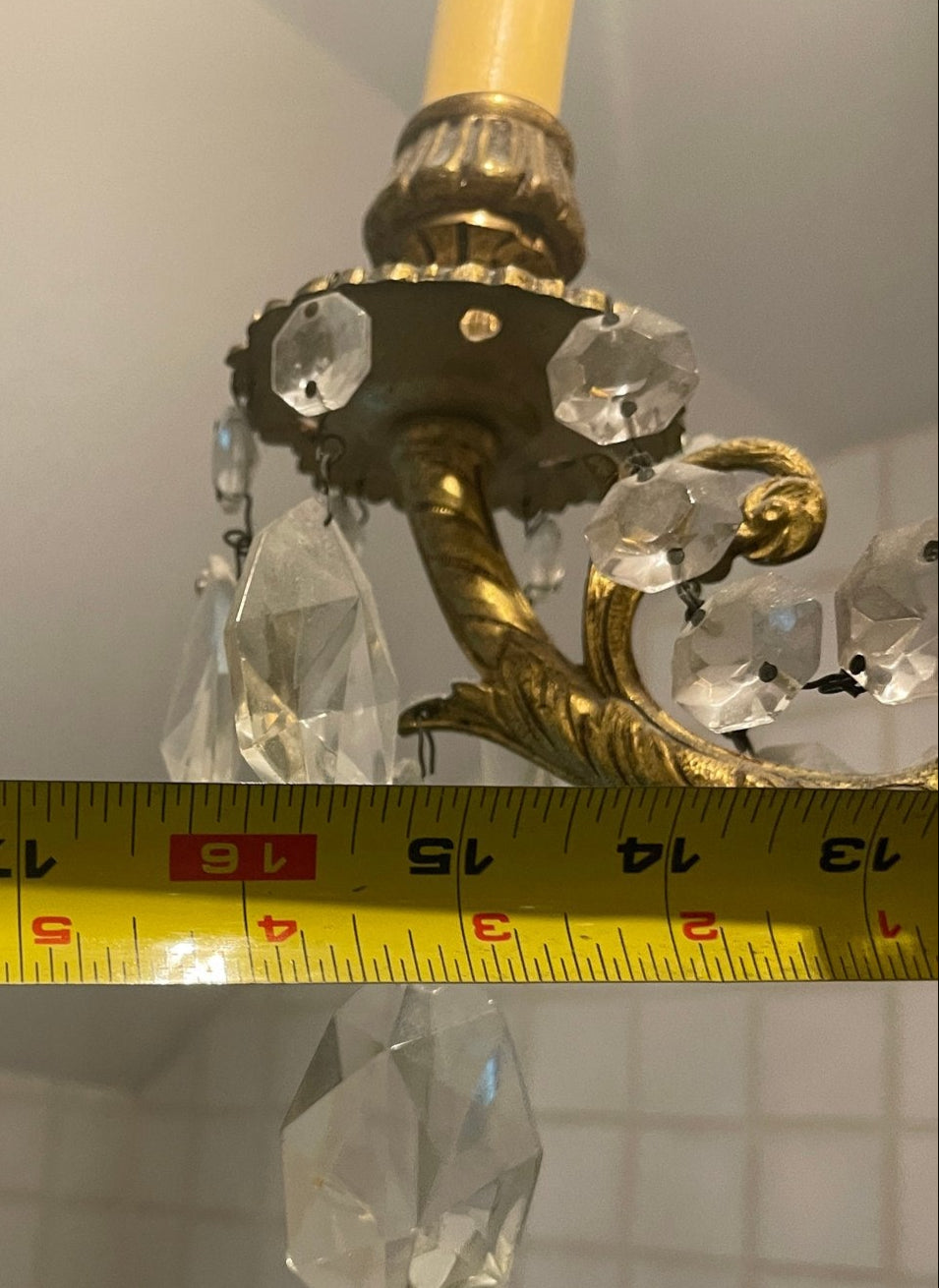 Antique Four Arms, Guilted Brass And Crystals French Style Chandelier