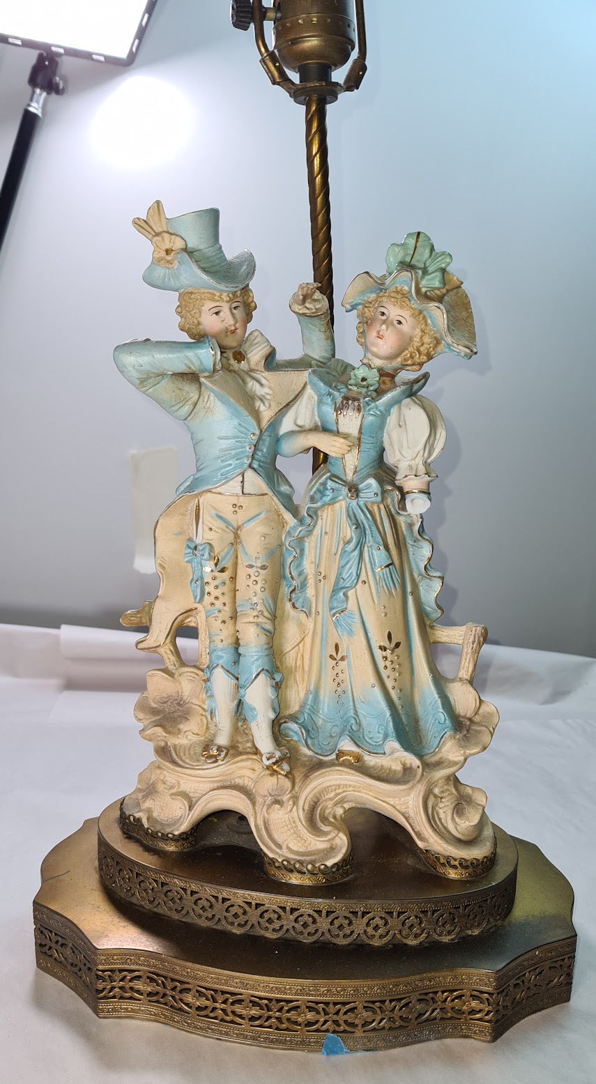 Antique Victorian Porcelain Couple Hand Painted Figural Table Lamp Brass Base