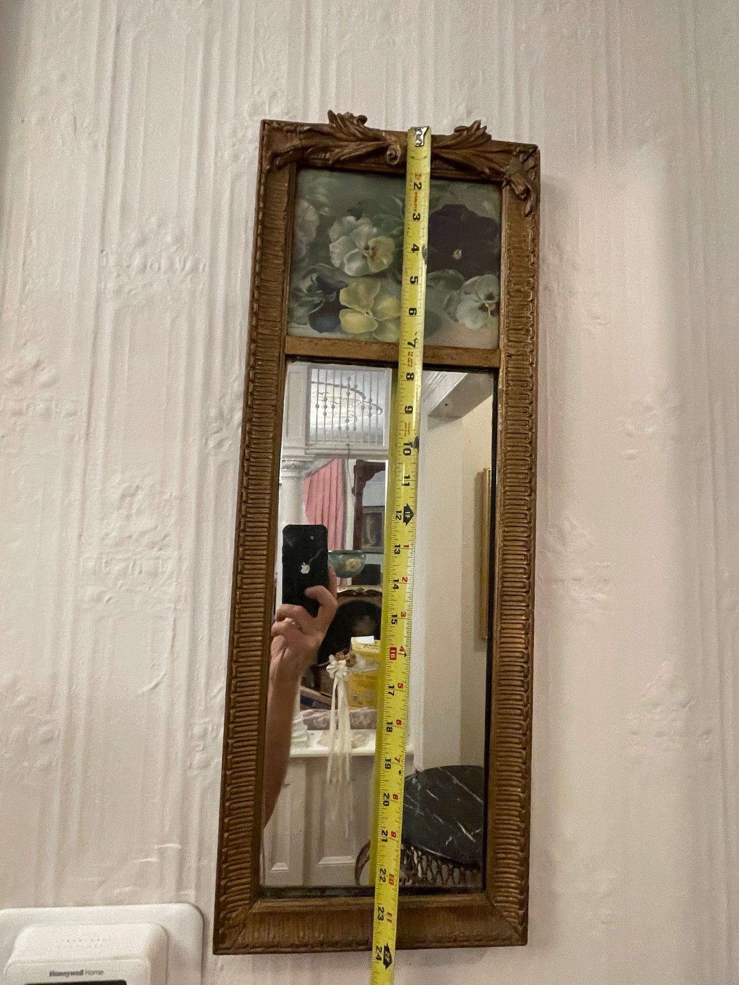 Antique Decorative Mirror With Hand Painted Top Panel.