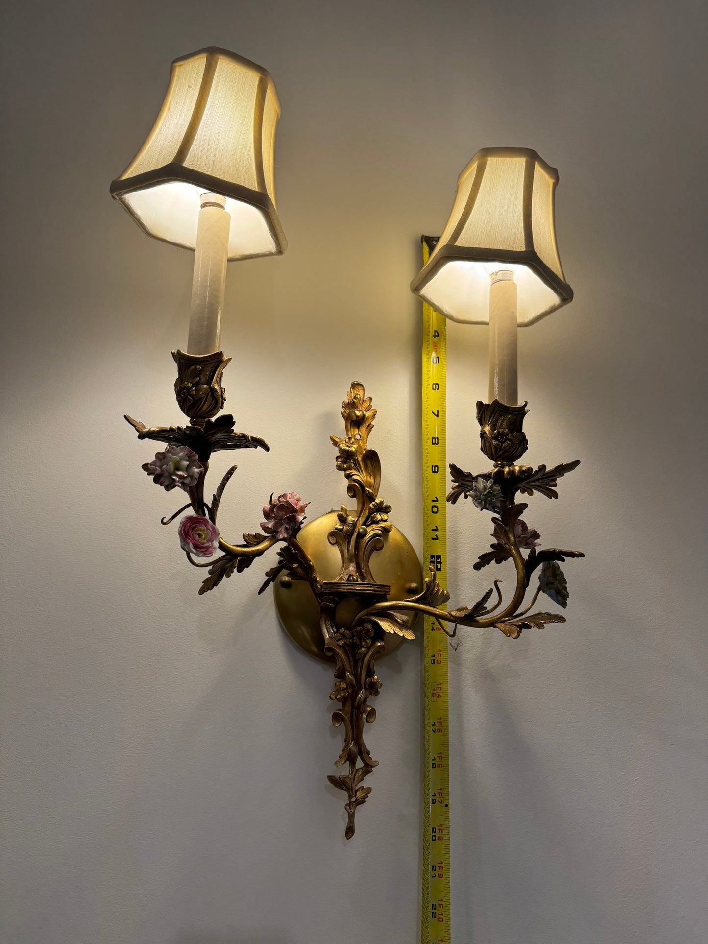 Spectacular French Style Two Light Brass And Porcelain Wall Sconce
