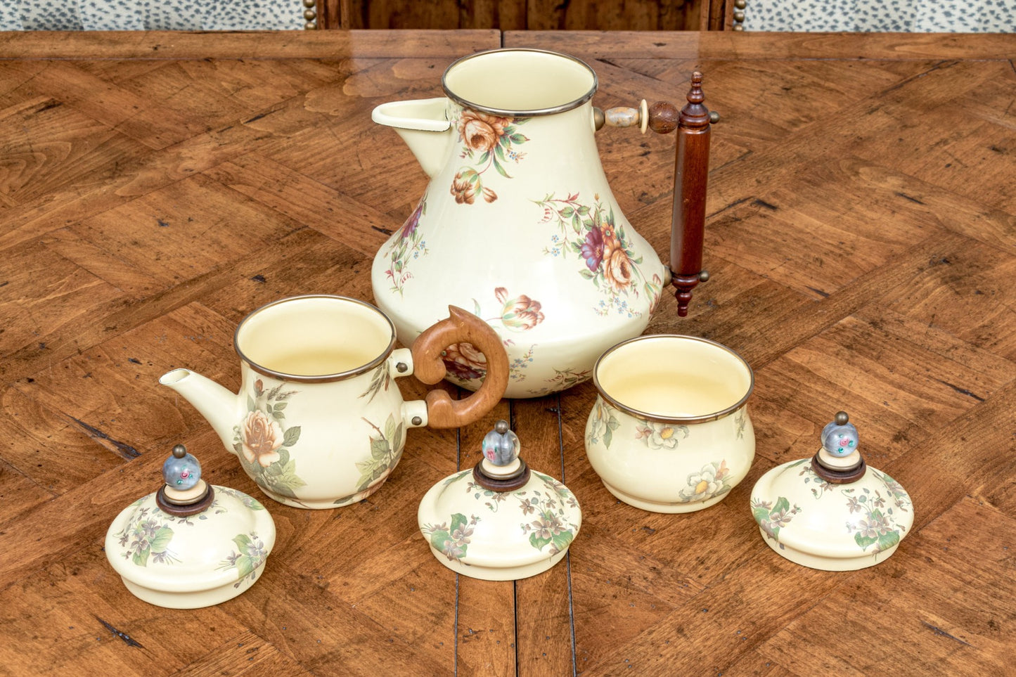 Vintage Three Piece Mackenzie-Childs Enamel Ware Tea And Coffee Set