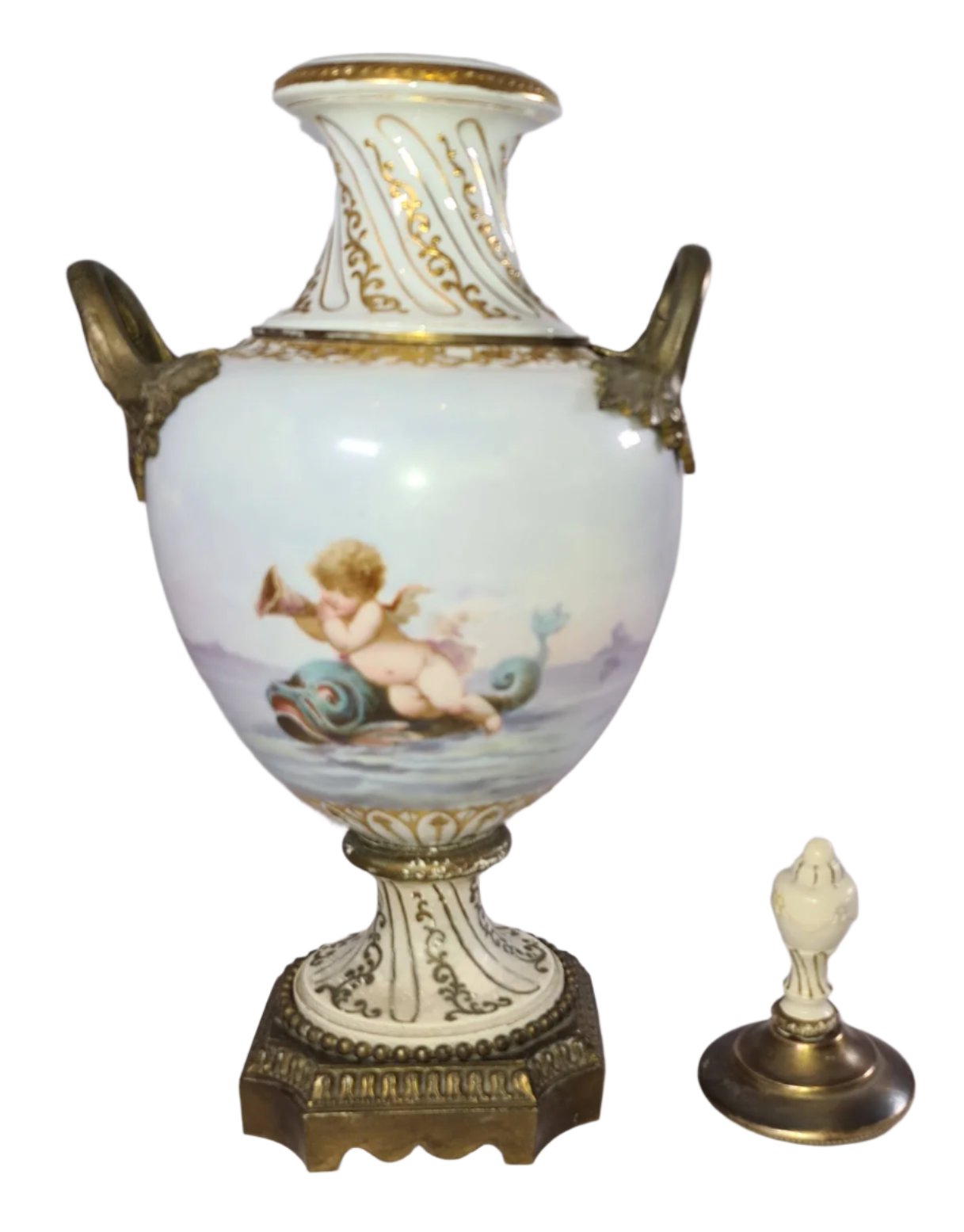 Antique Porcelain Urn with Lid, Brass Stand and Handles