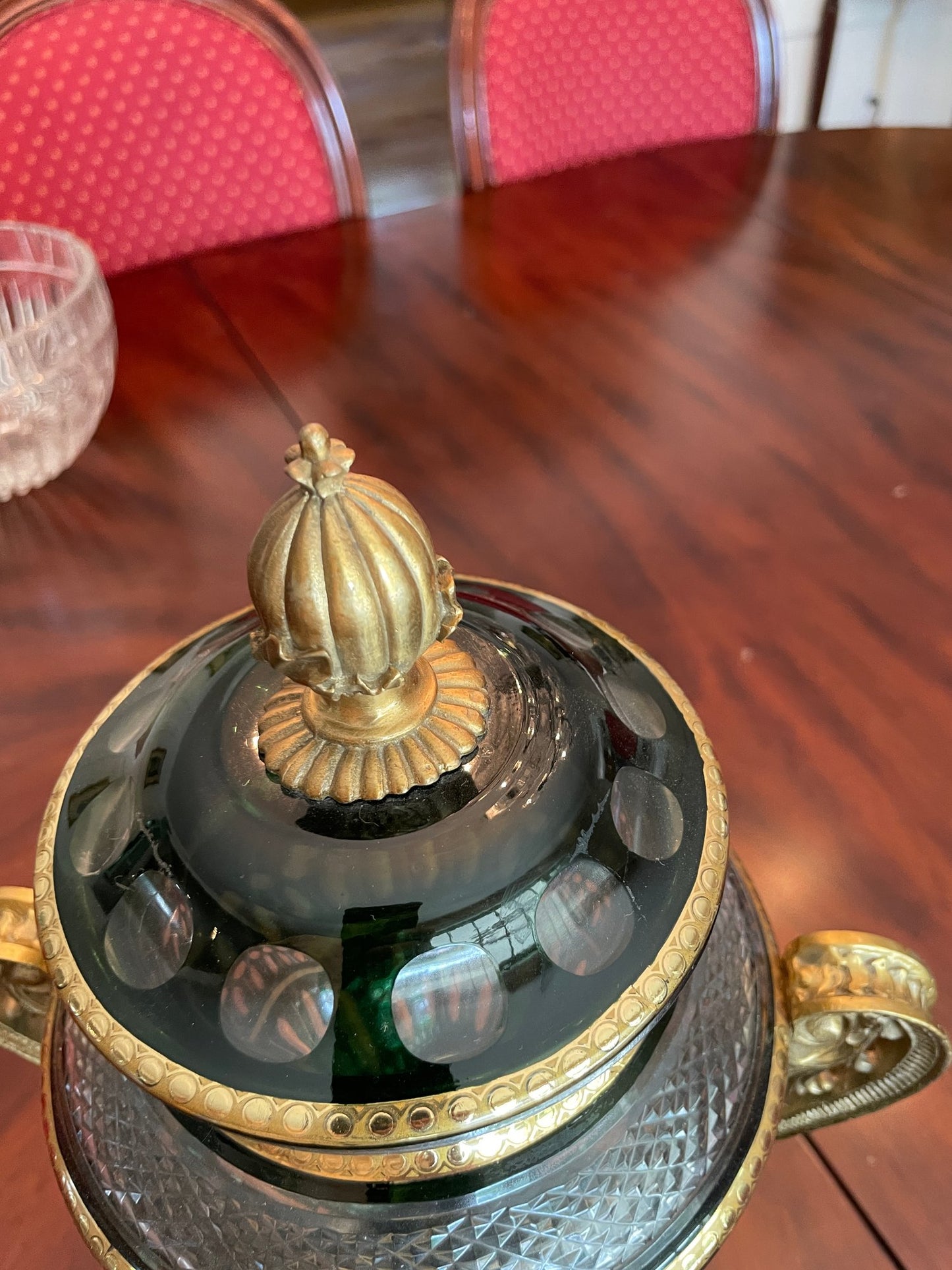 Antique Bohemian Cut Green Glass Covered Urn with Gilted Brass Handles and Stand