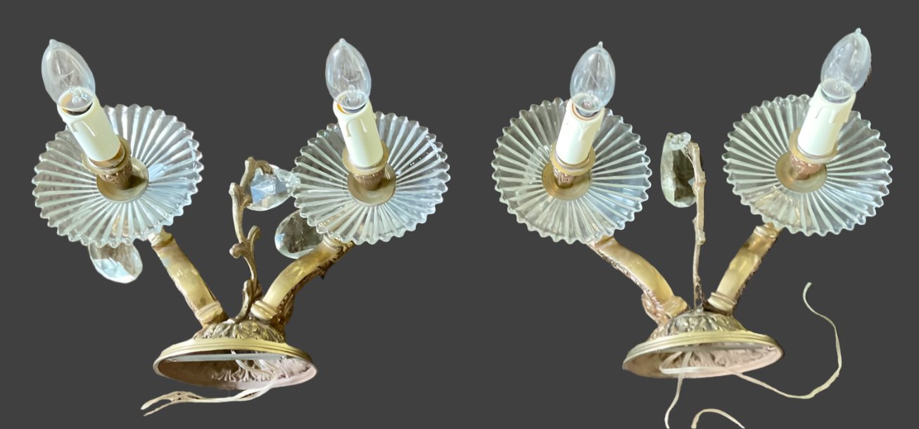 Beautiful Pair of Vintage Portuguese Brass and Crystal Wall Sconces