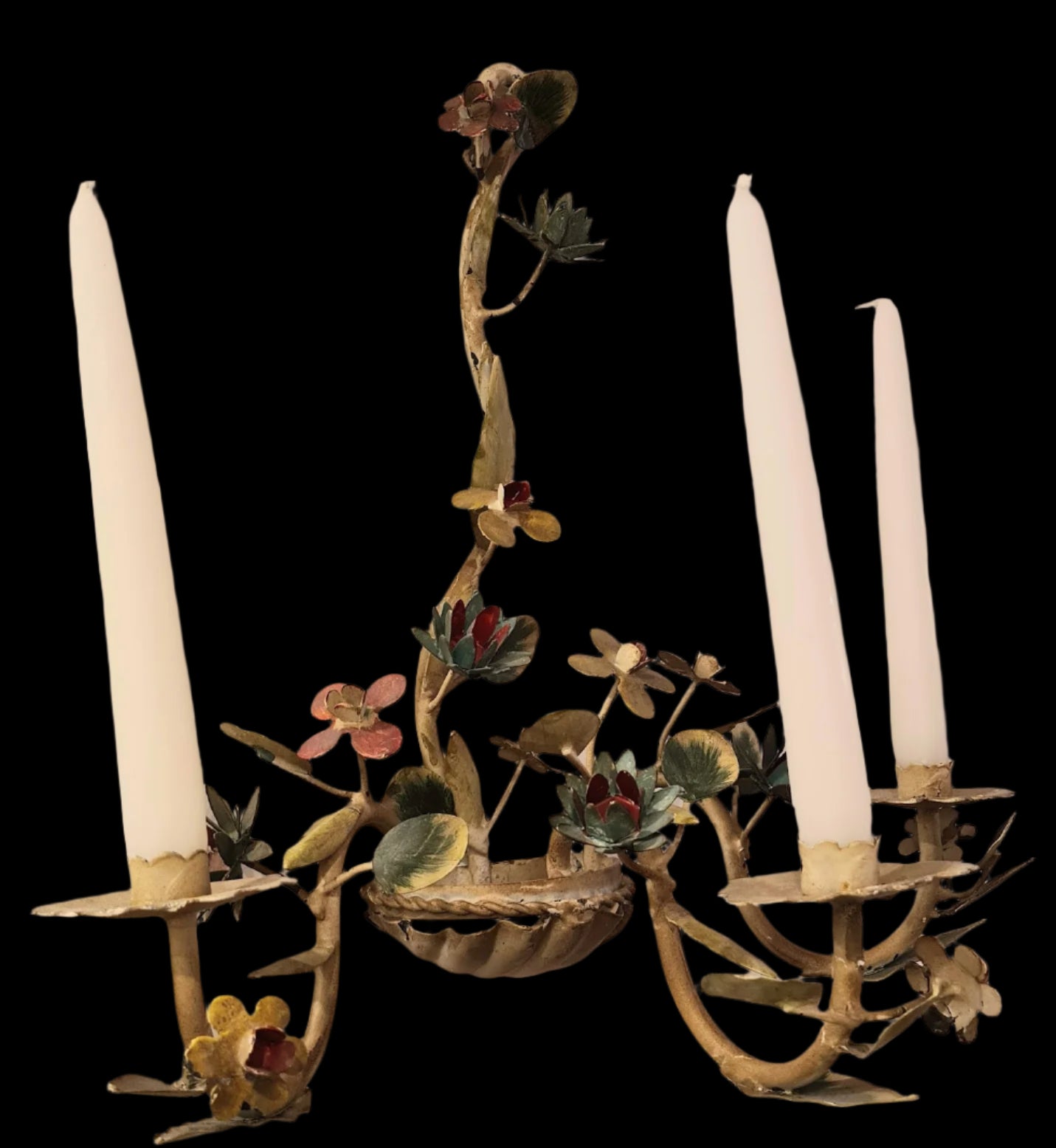 Vintage Italian Tole Painted Flower 3 Candle Wall Sconces