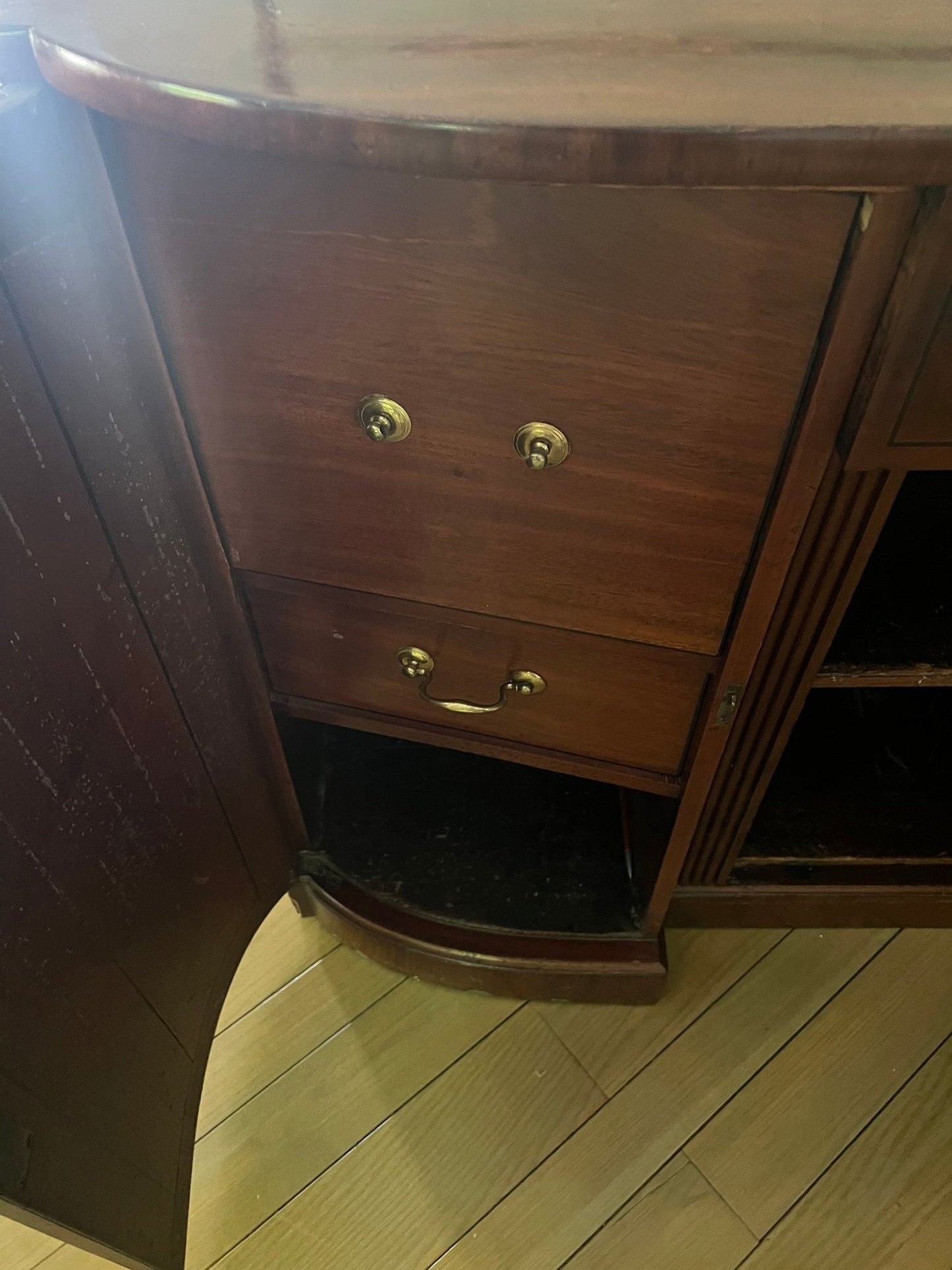 Vintage Mahogany Sideboard with high brass gallery rail and recessed center cabinet