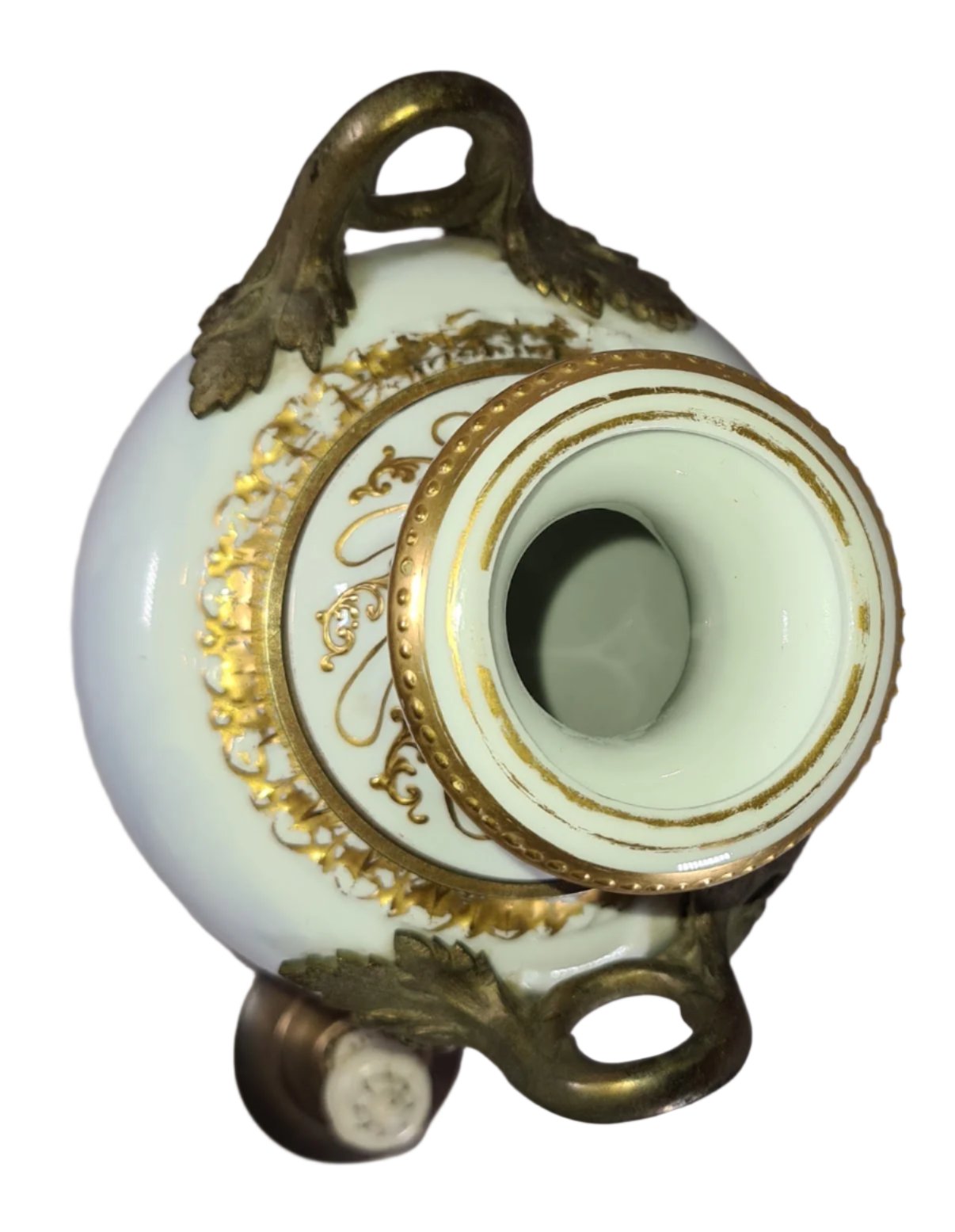 Antique Porcelain Urn with Lid, Brass Stand and Handles