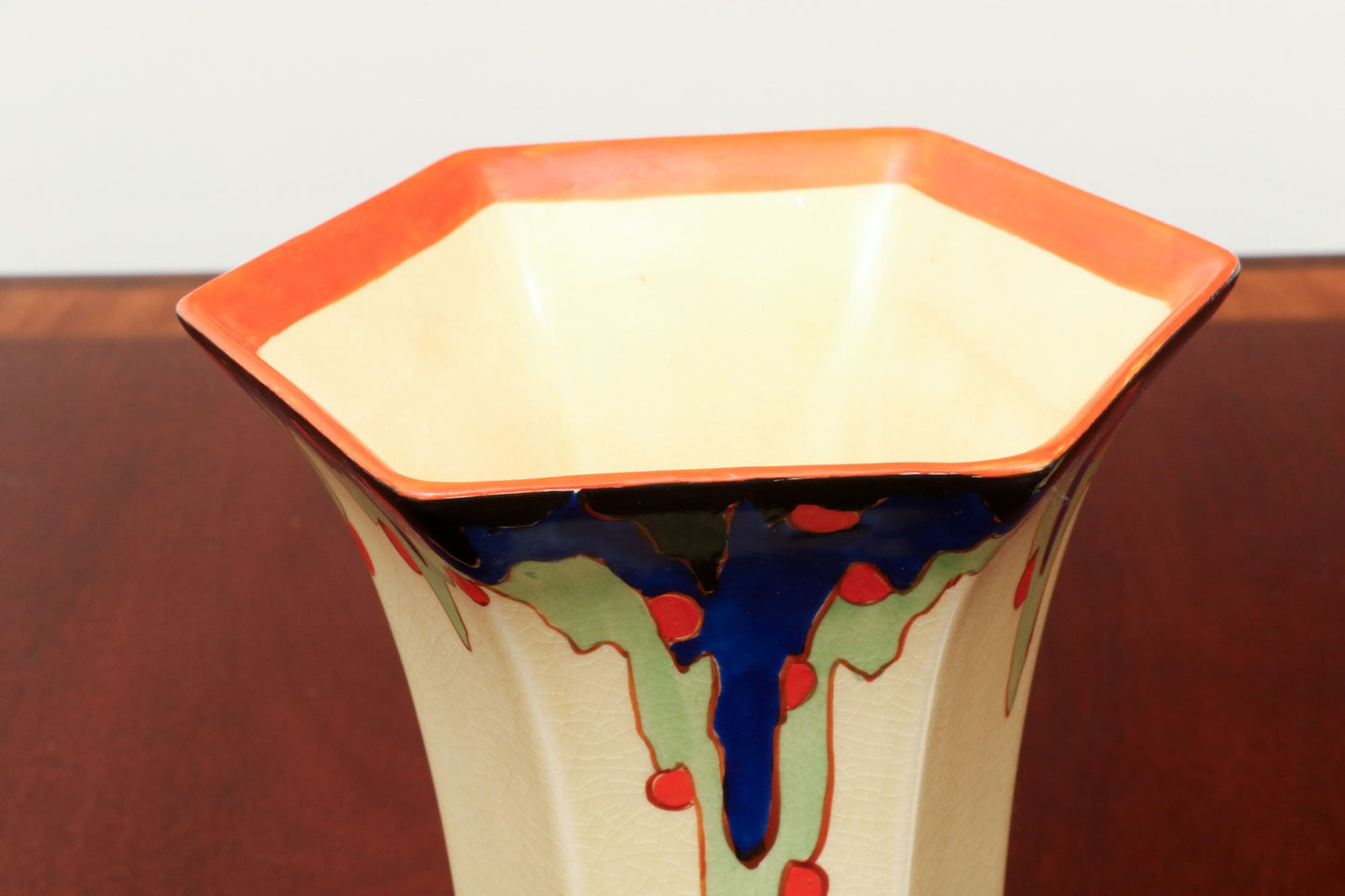 PAIR OF DORA TENNANT ENGLISH ART DECO PERIOD HEXAGONAL CERAMIC GLAZED VASES