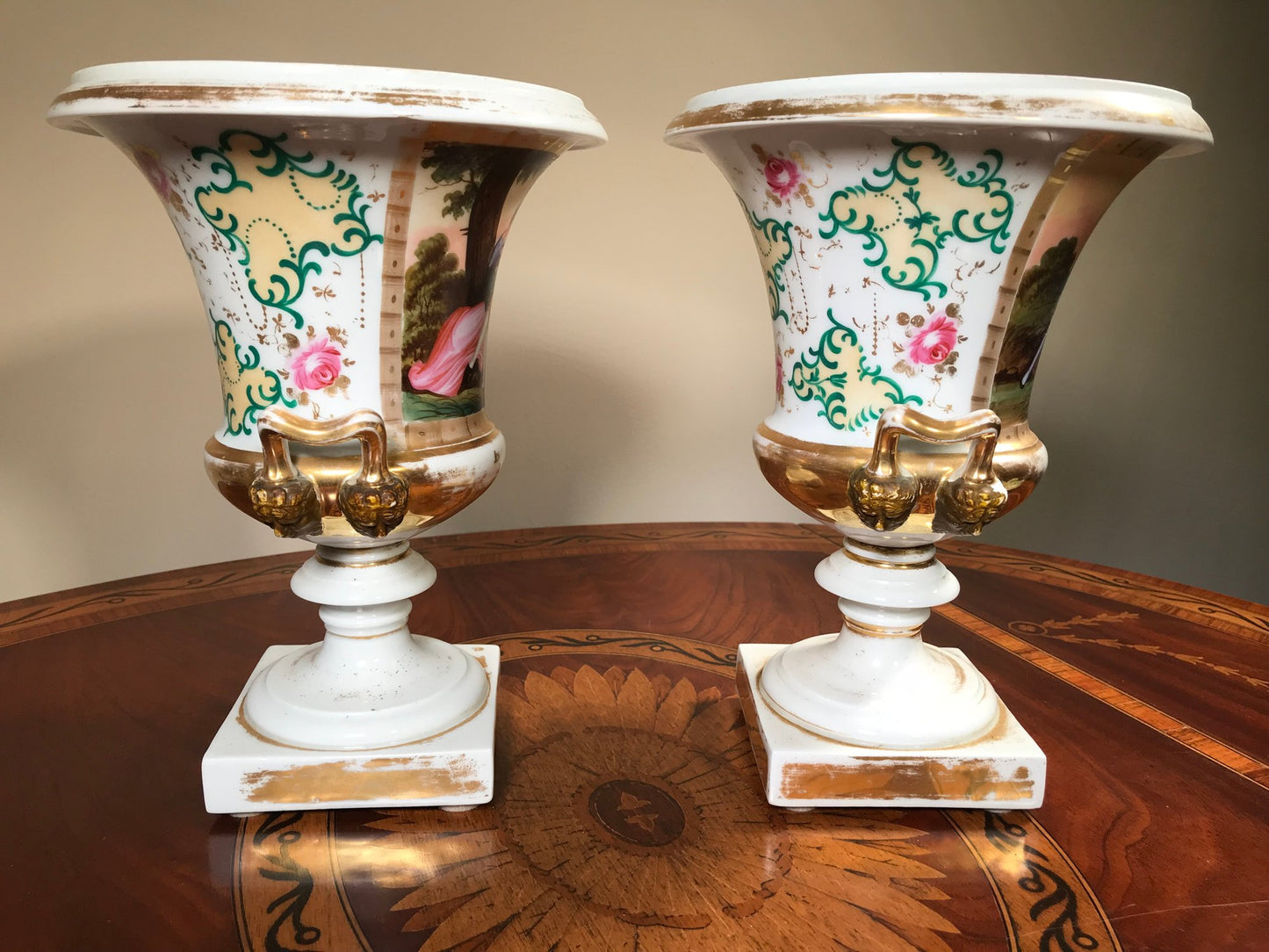 Lovely Pair of Antique Old Paris (Vieux Paris) Gilted Urns early 19th c.