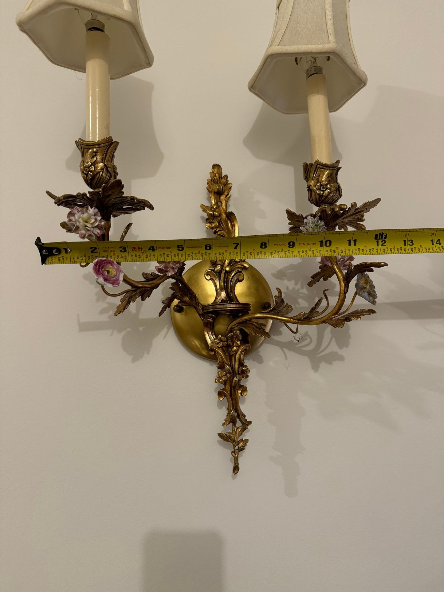 Spectacular French Style Two Light Brass And Porcelain Wall Sconce