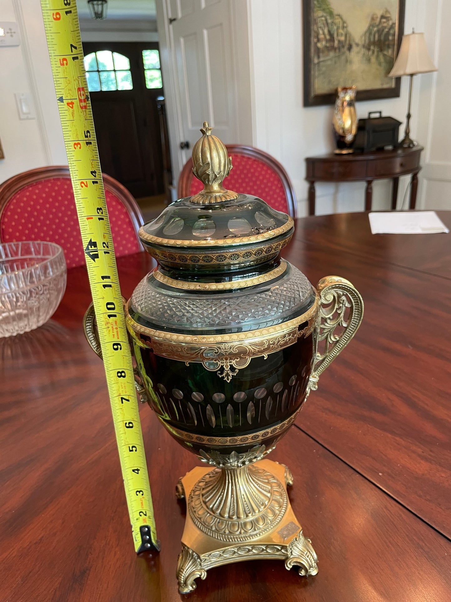 Antique Bohemian Cut Green Glass Covered Urn with Gilted Brass Handles and Stand