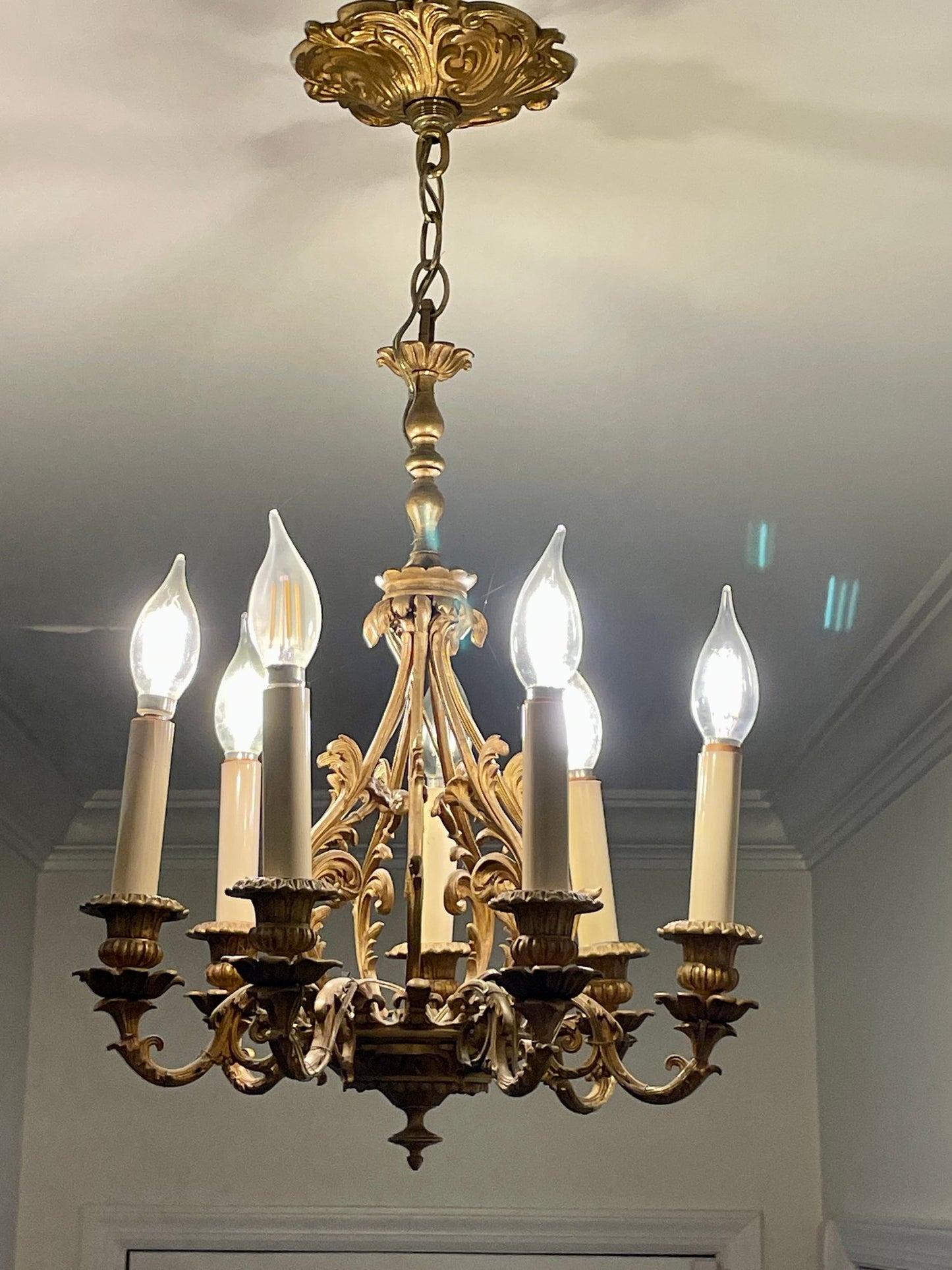 Fabulous Vintage French Brass Chandelier with Six Arms