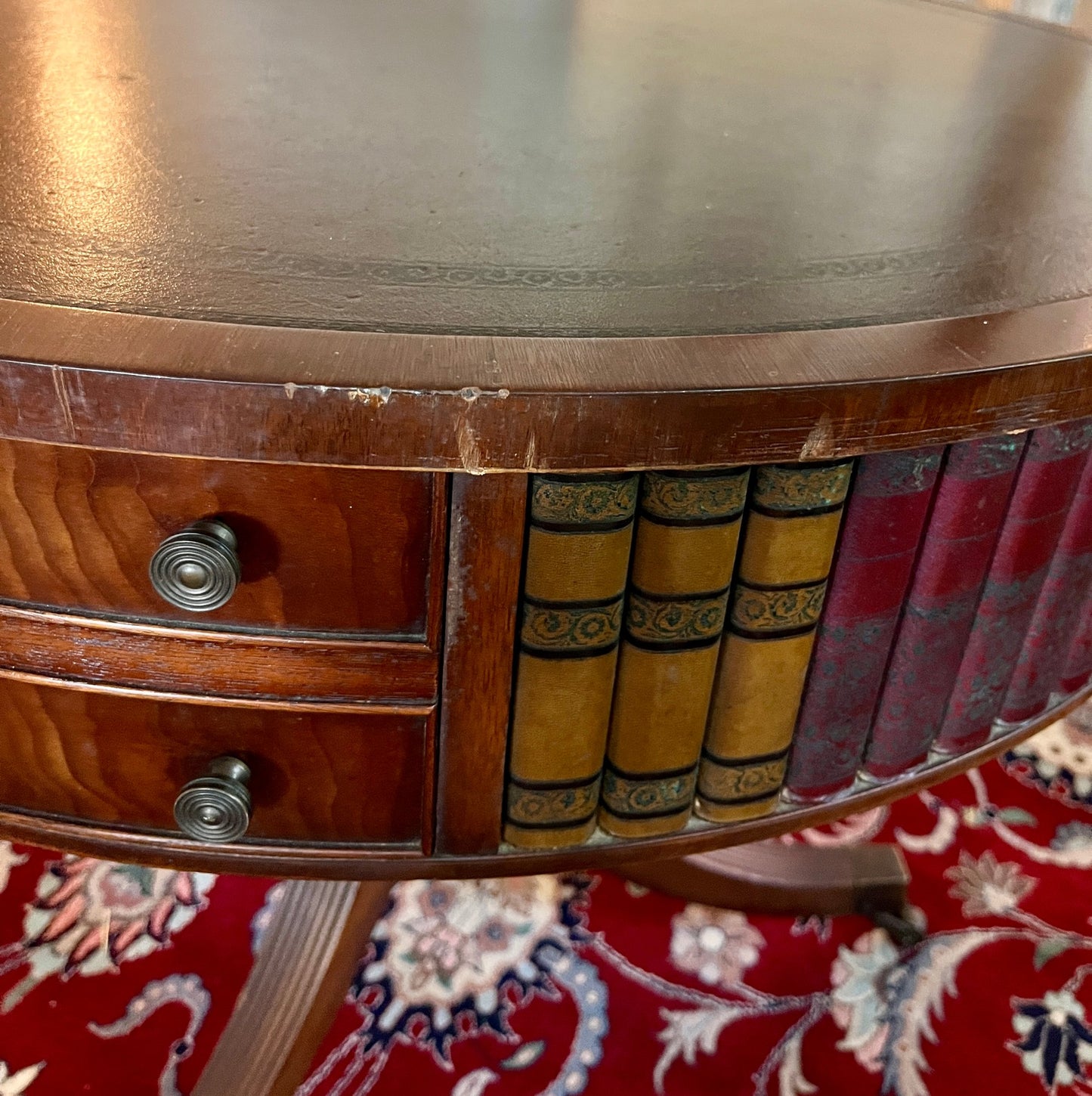 Sheraton Style Revolving Leather Topped Drum Table With Faux Books & Brass Casters