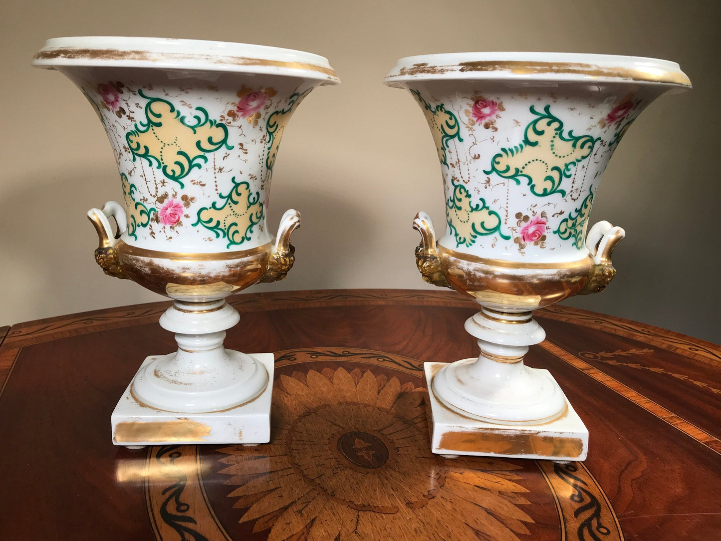 Lovely Pair of Antique Old Paris (Vieux Paris) Gilted Urns early 19th c.