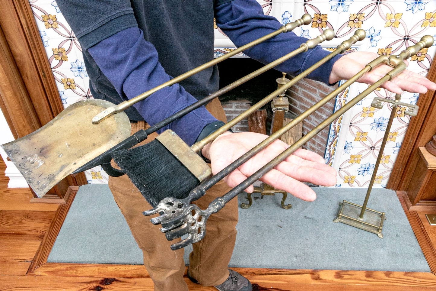 A wonderful collection of antique brass fireplace accessories