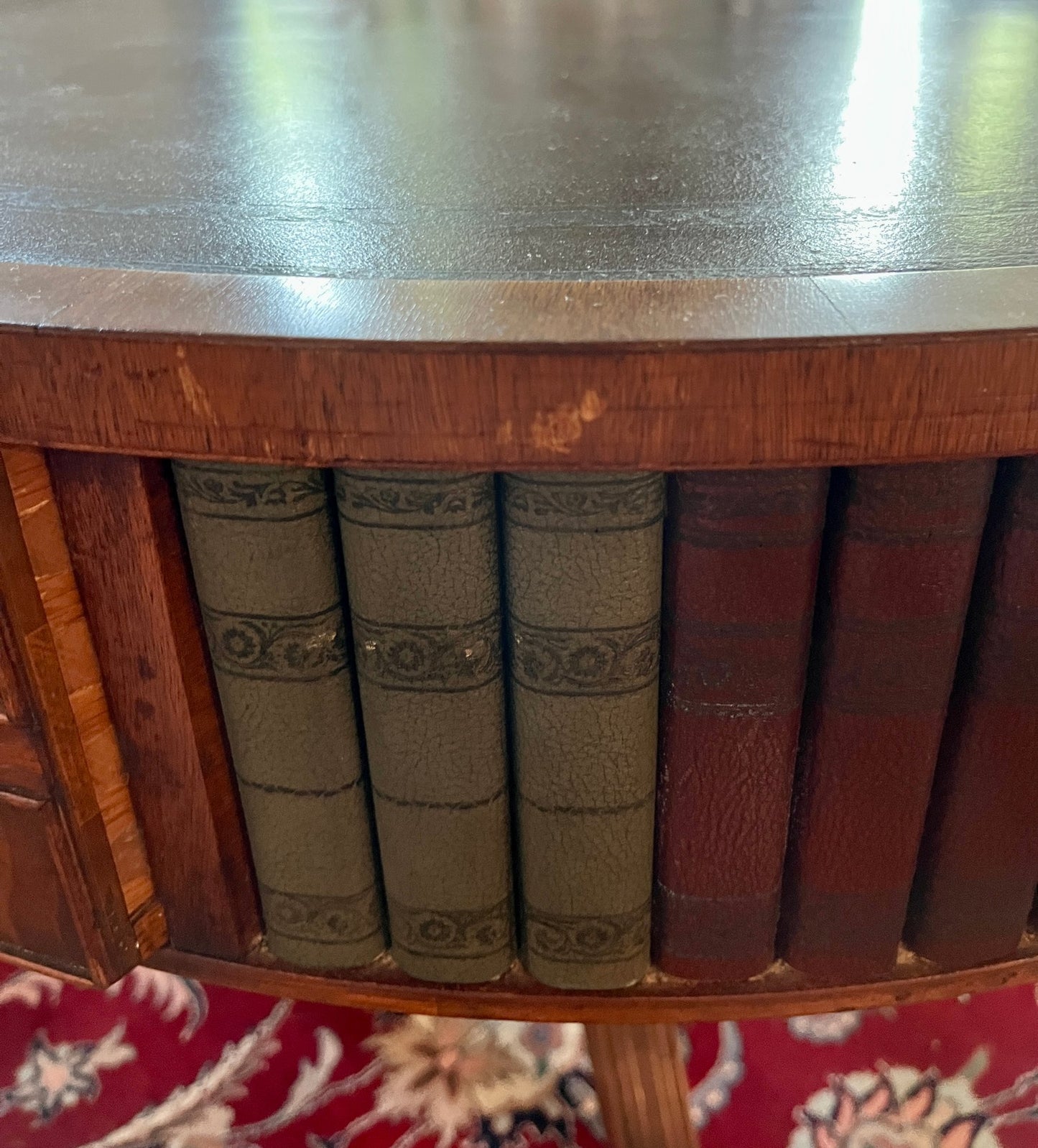 Sheraton Style Revolving Leather Topped Drum Table With Faux Books & Brass Casters