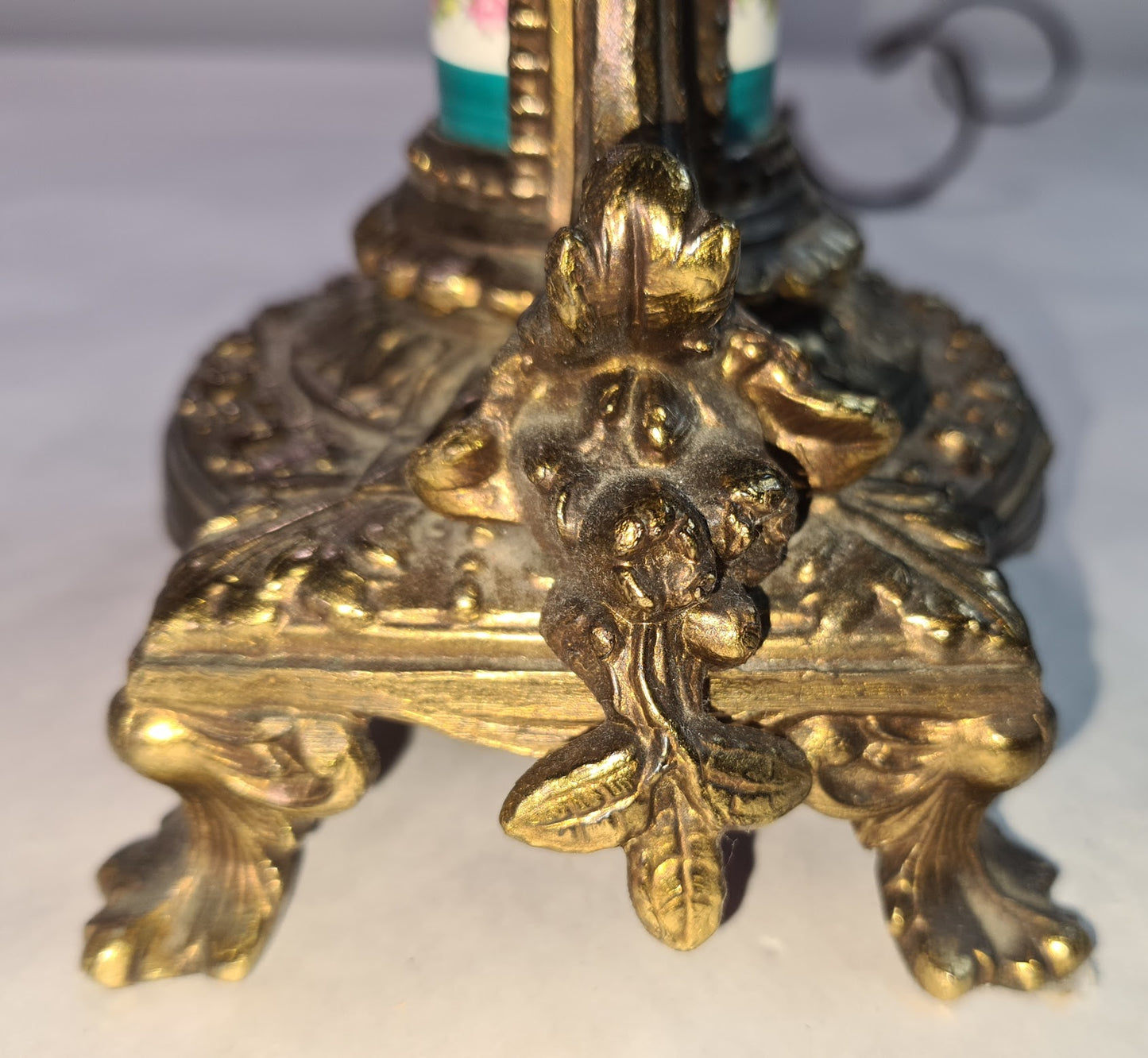 Antique Beautifully Ornate Brass Candelabra Lamp with hand painted porcelain detail.