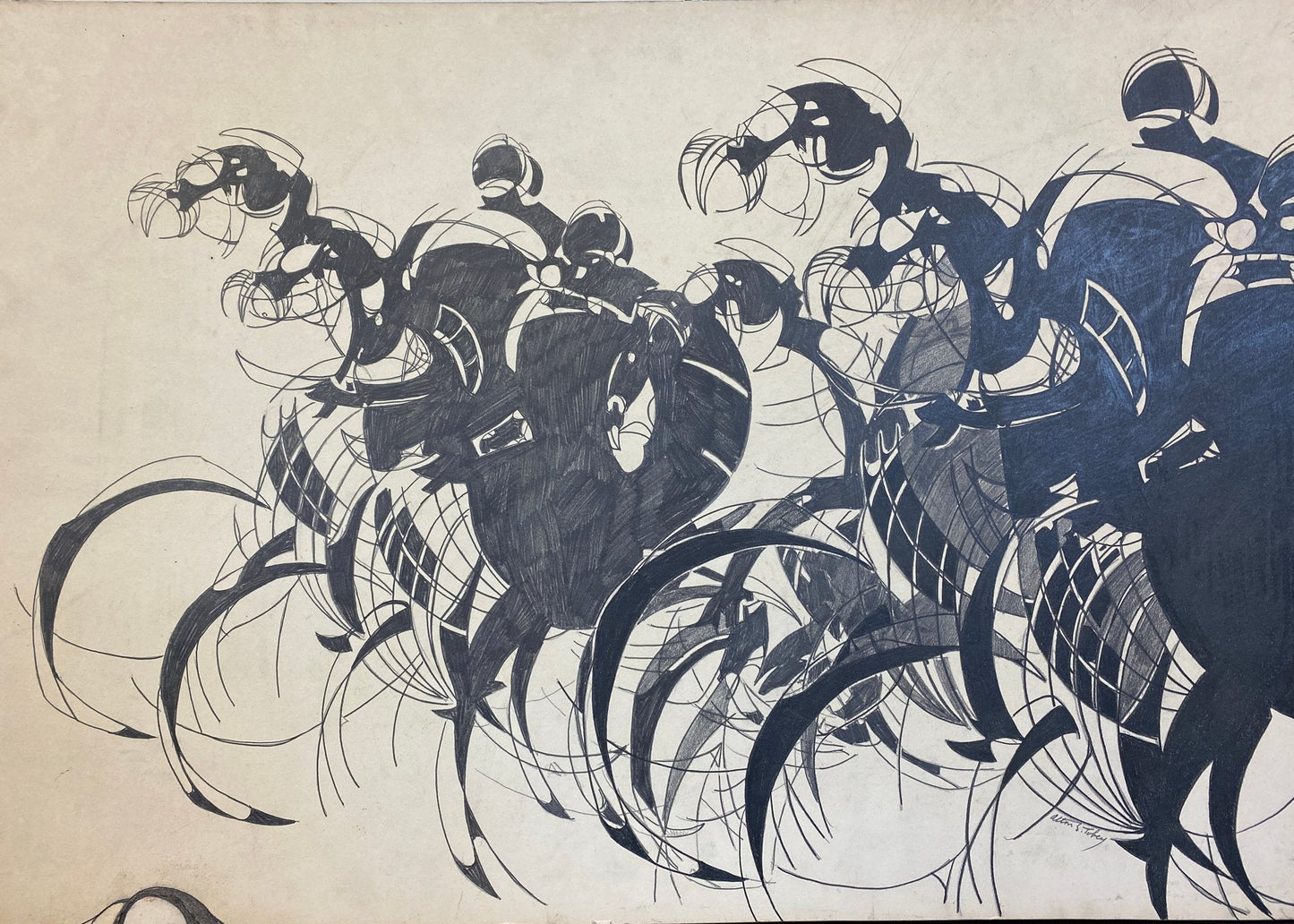 1990s Horse Race, Pen and Ink on Board, Signed Alton S Tobey