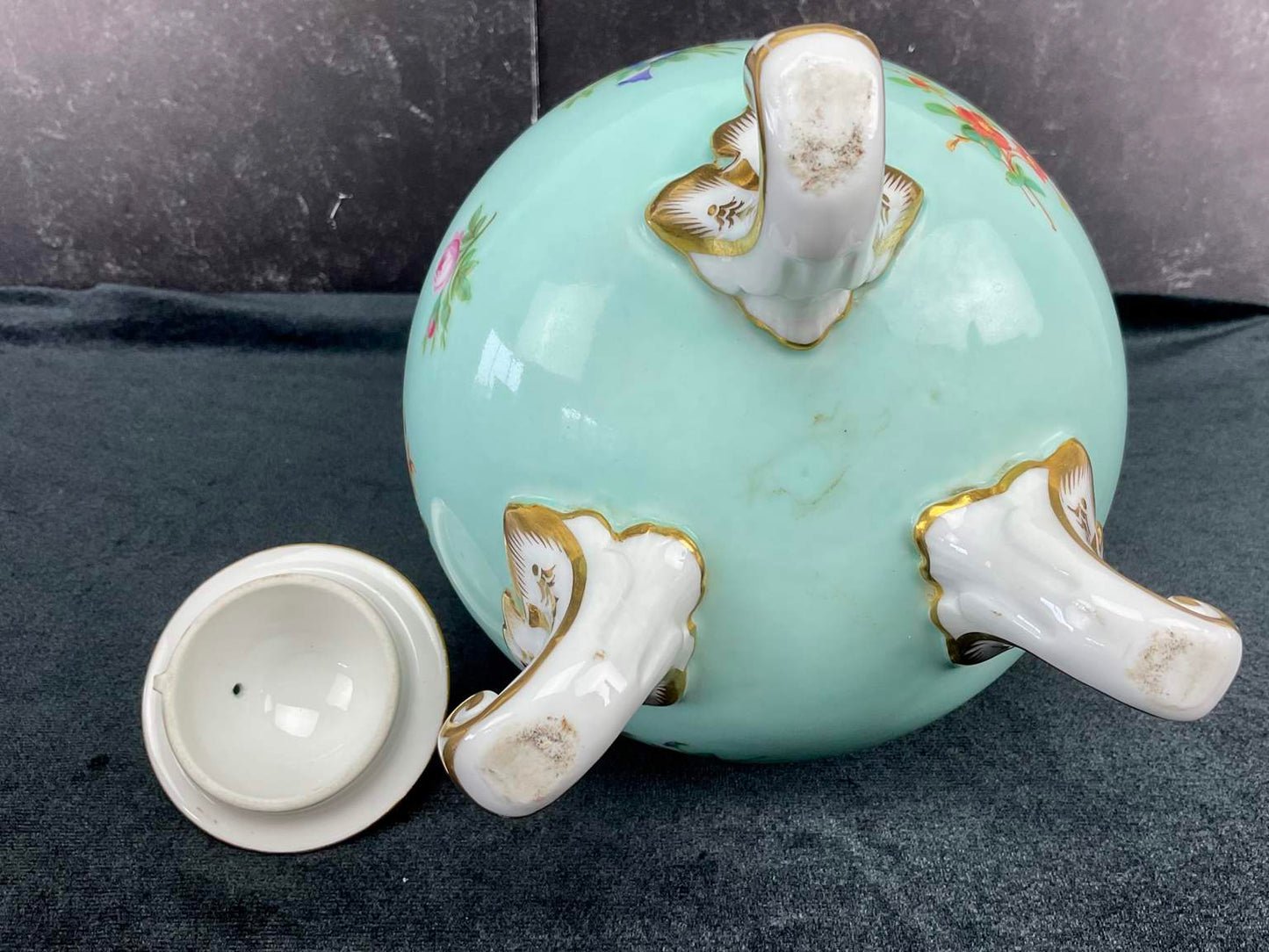 Antique Porcelain de Paris Pink Edme Samson et Cie Floral Footed Bowl & Turquoise Boyer Teapot