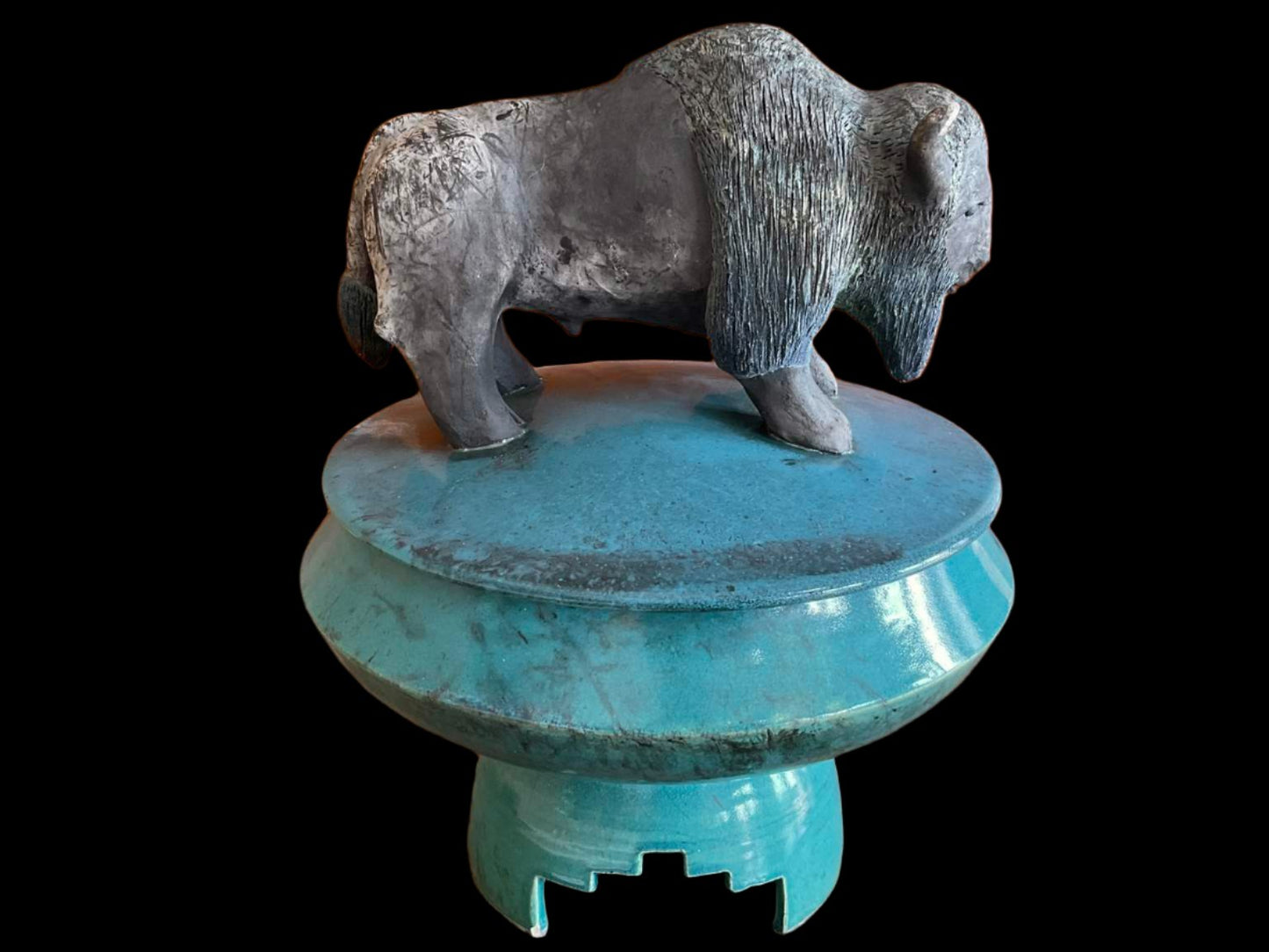 Ceramic Bison Bowl with Lid on Stand, Signed