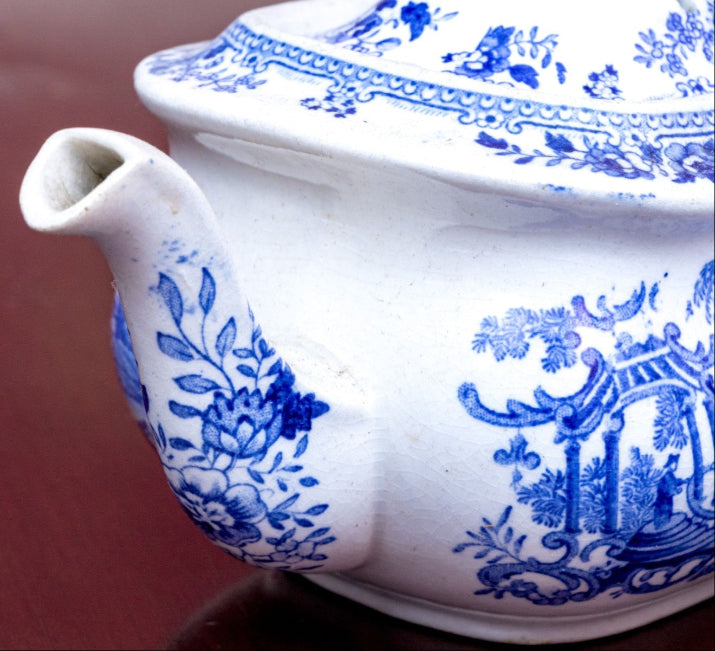 Beautiful Antique Twelve Piece English Continental Blue And White China Tea Service
