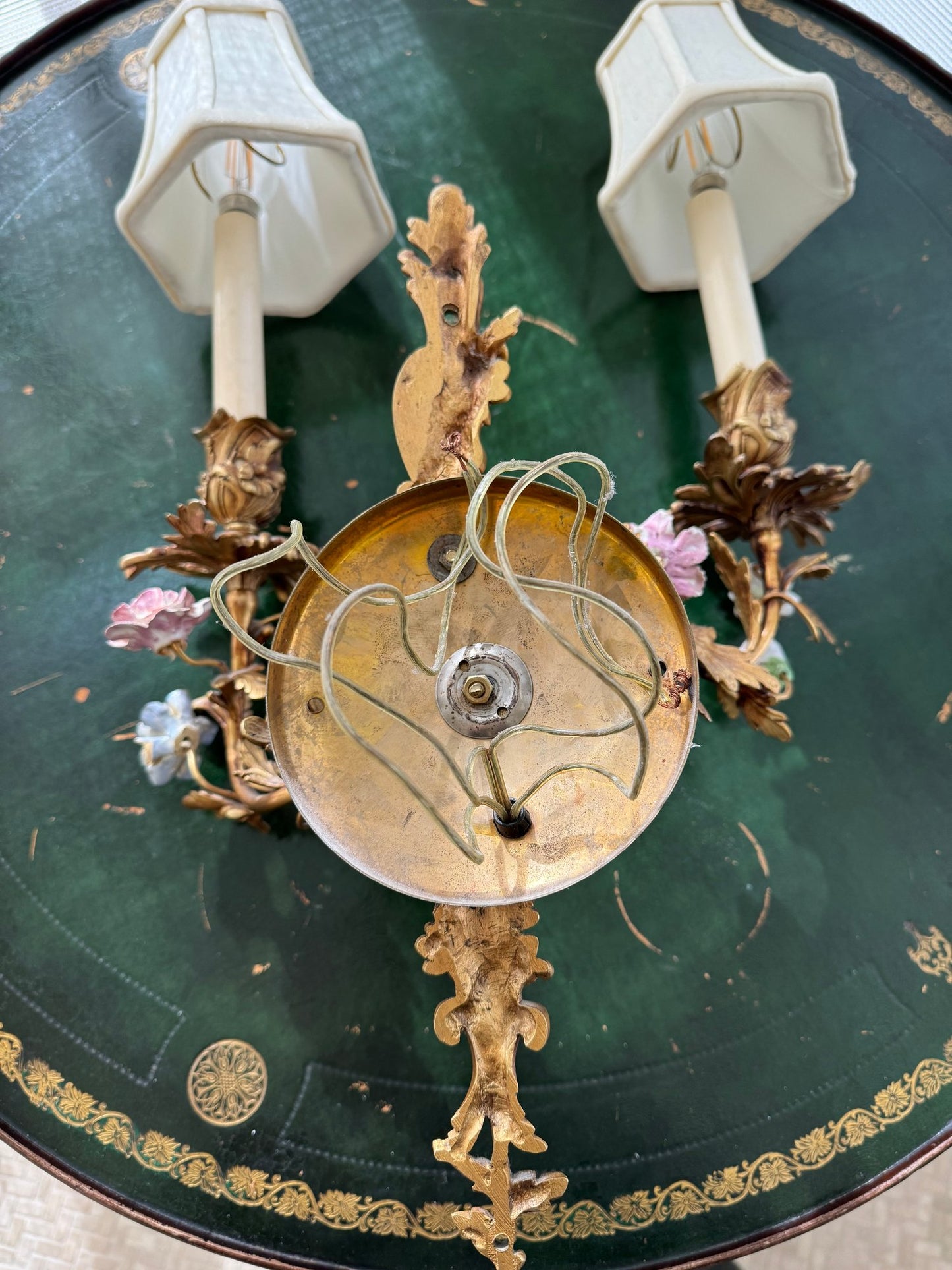 Spectacular French Style Two Light Brass And Porcelain Wall Sconce