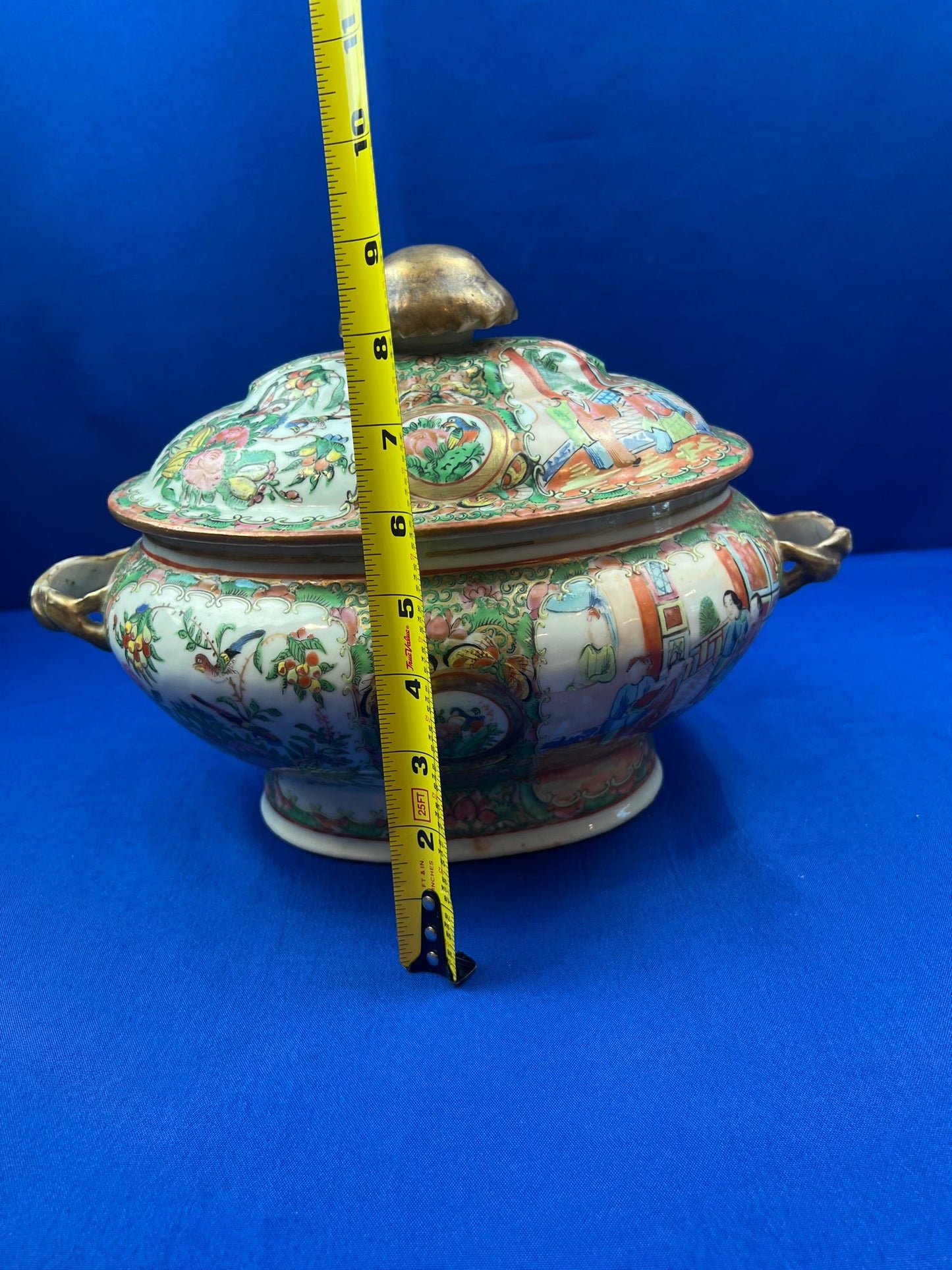 Antique Rare Rose Medallion Covered Tureen - Mushroom Top Finial & Woven Handles - Gilt Detailing