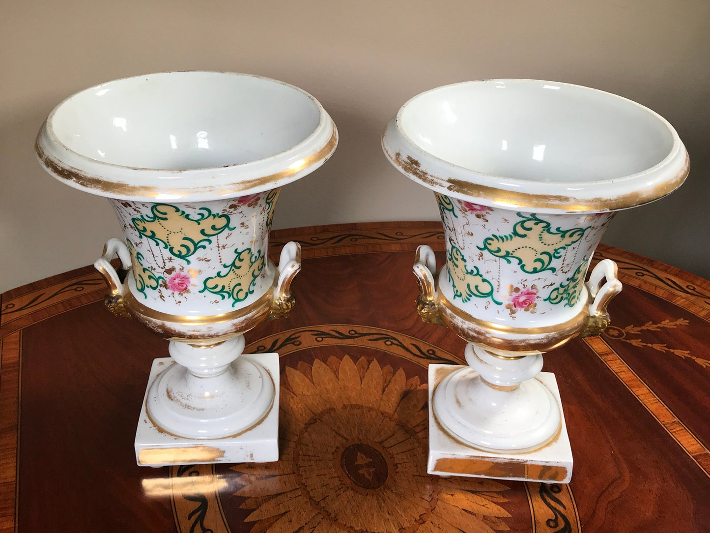 Lovely Pair of Antique Old Paris (Vieux Paris) Gilted Urns early 19th c.