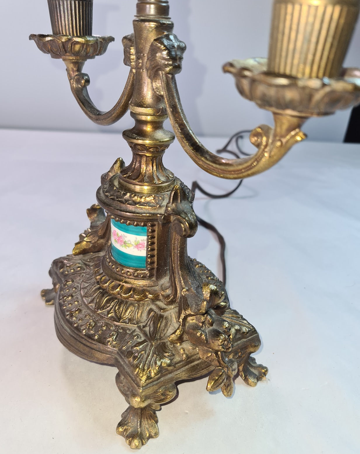 Antique Beautifully Ornate Brass Candelabra Lamp with hand painted porcelain detail.
