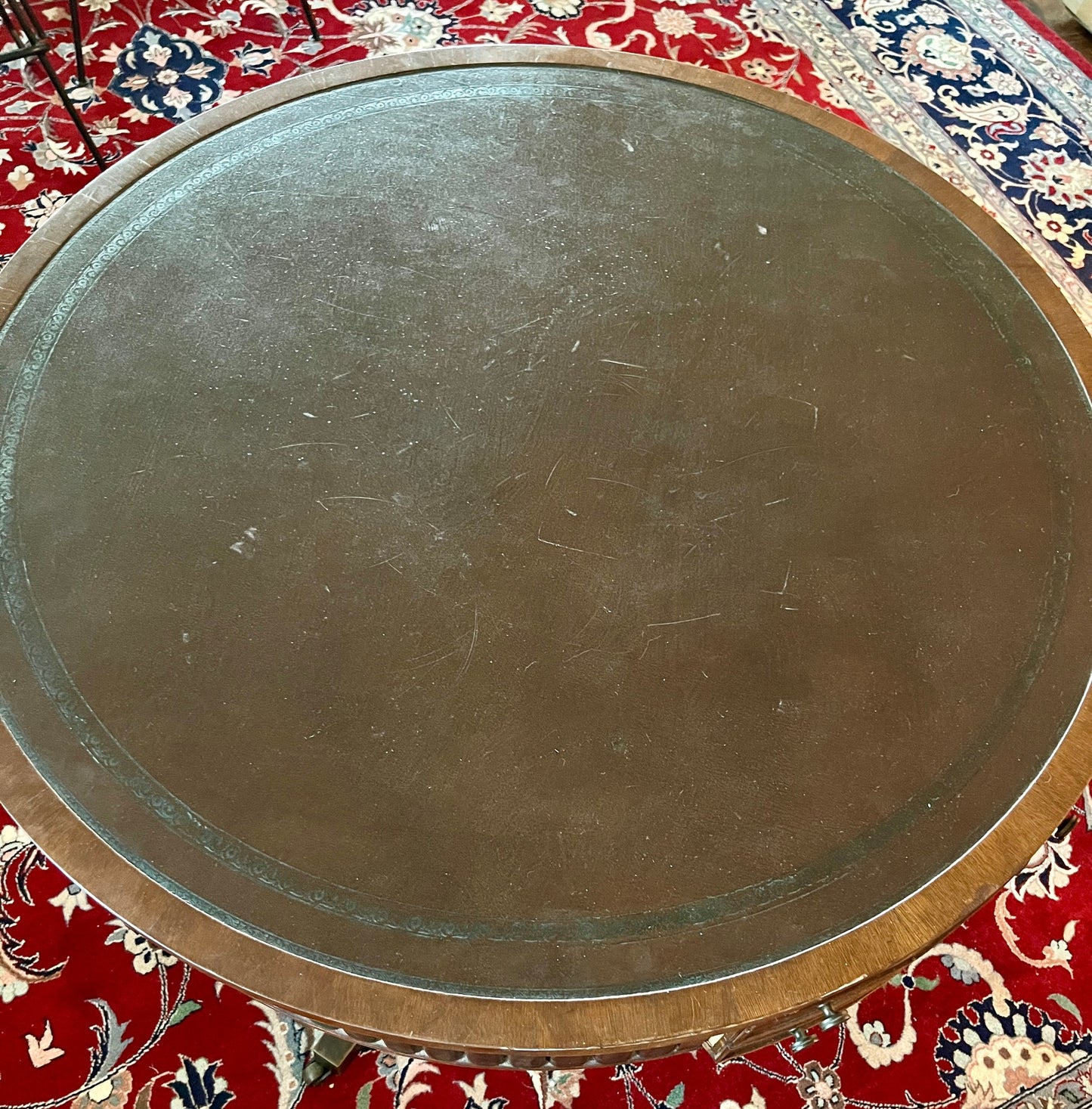 Sheraton Style Revolving Leather Topped Drum Table With Faux Books & Brass Casters