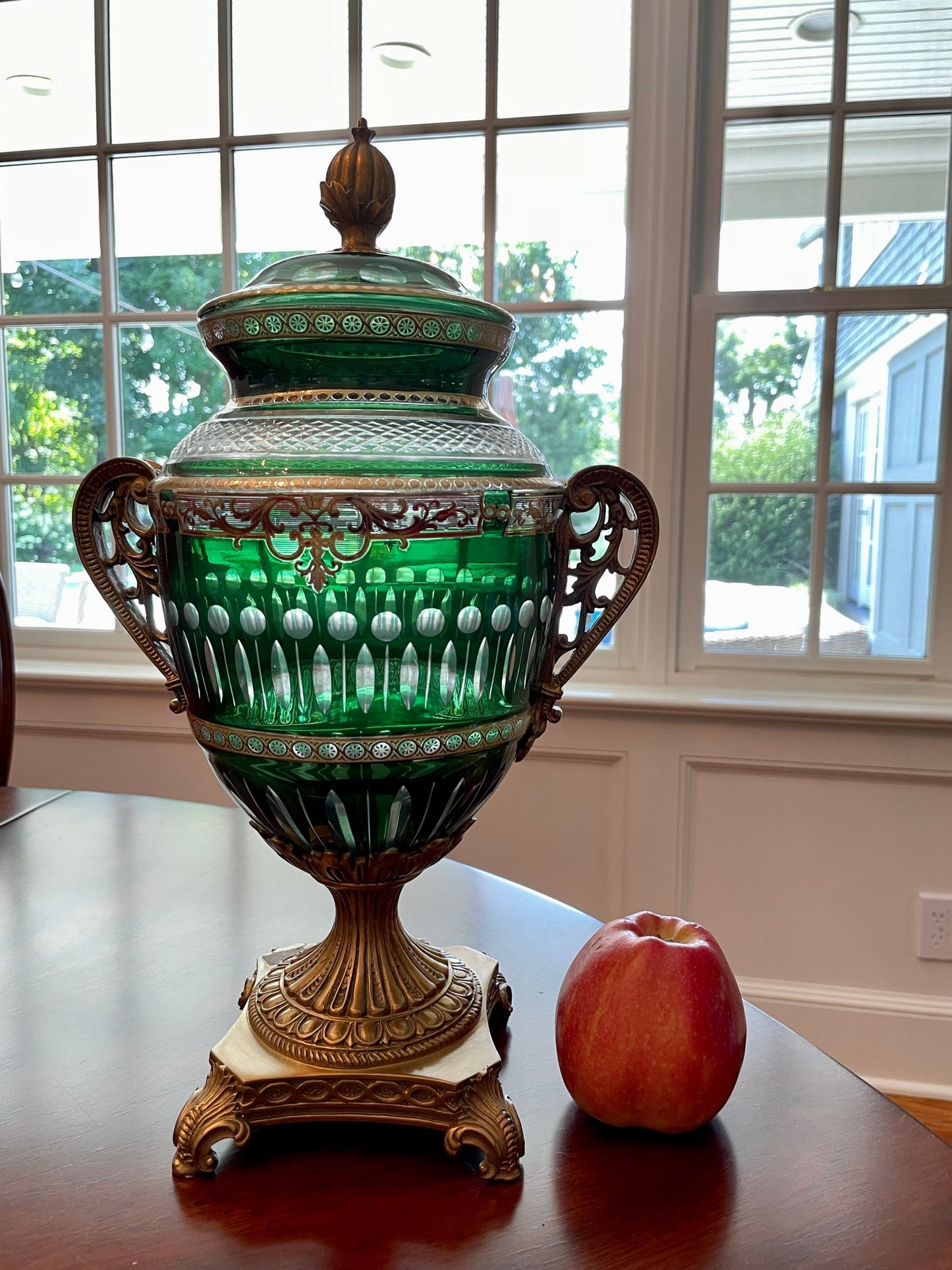 Antique Bohemian Cut Green Glass Covered Urn with Gilted Brass Handles and Stand