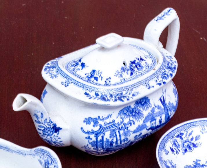 Beautiful Antique Twelve Piece English Continental Blue And White China Tea Service