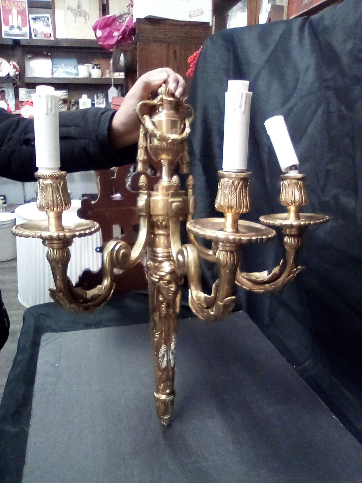 Magnificent Large Brass Ornate Wall Sconce With 3 Fixtures