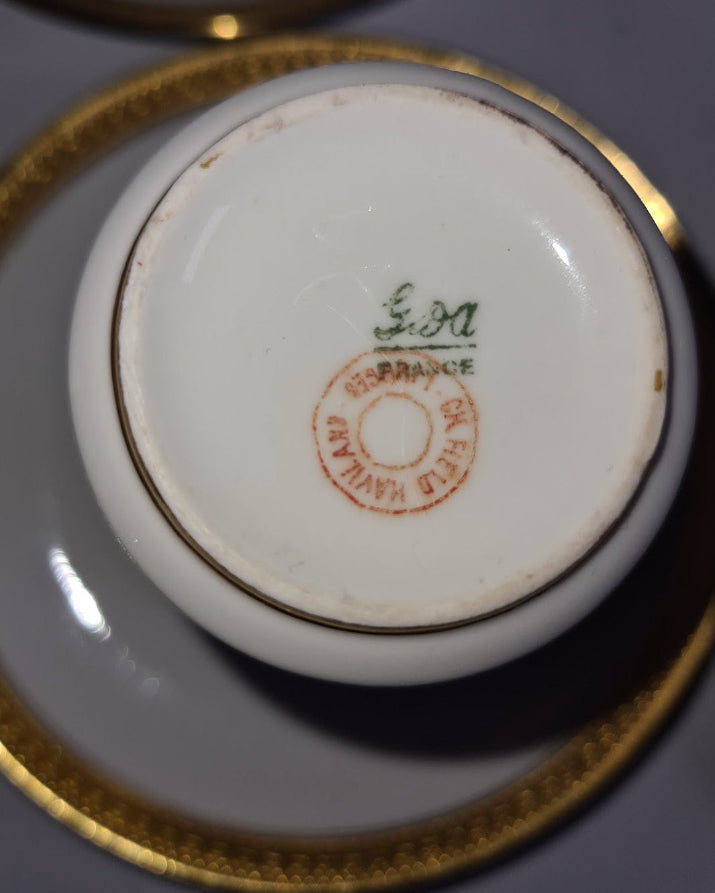 Elegant GDA France - CH Field Haviland Limoges Four Demitasse Cups and Saucers with Gold Trim, c. 1990