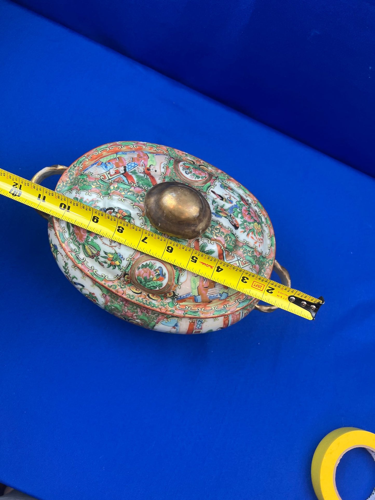 Antique Rare Rose Medallion Covered Tureen - Mushroom Top Finial & Woven Handles - Gilt Detailing