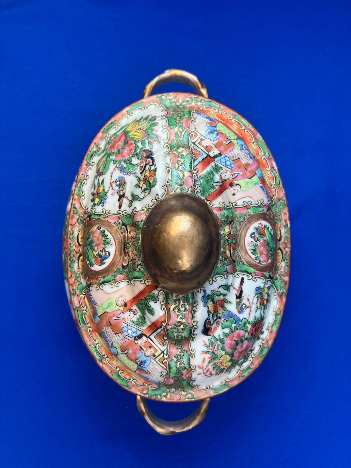 Antique Rare Rose Medallion Covered Tureen - Mushroom Top Finial & Woven Handles - Gilt Detailing