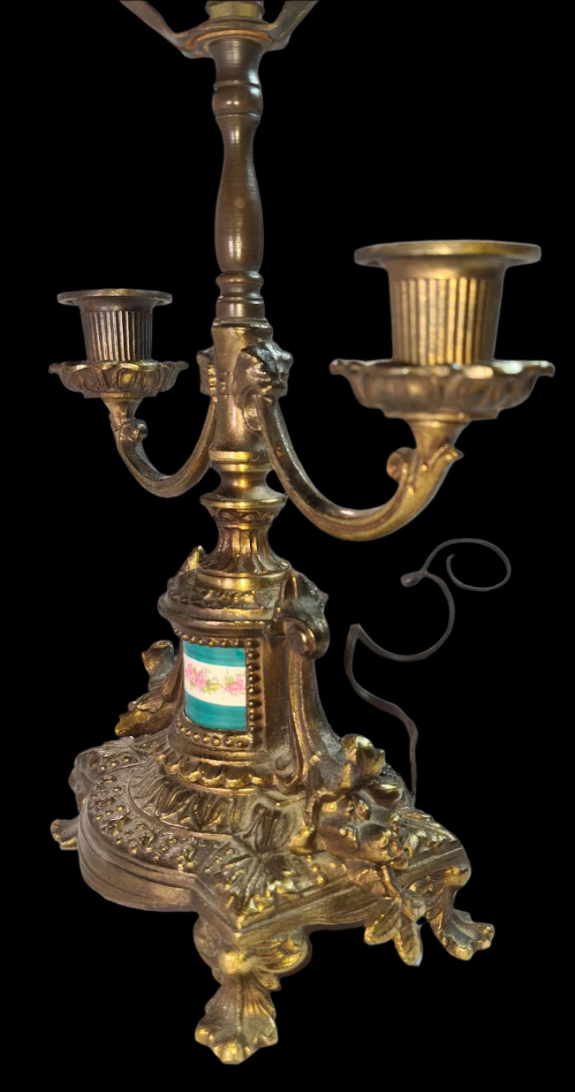 Antique Beautifully Ornate Brass Candelabra Lamp with hand painted porcelain detail.