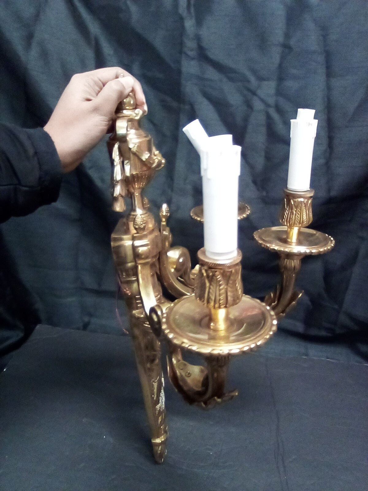 Magnificent Large Brass Ornate Wall Sconce With 3 Fixtures