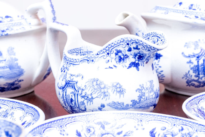 Beautiful Antique Twelve Piece English Continental Blue And White China Tea Service