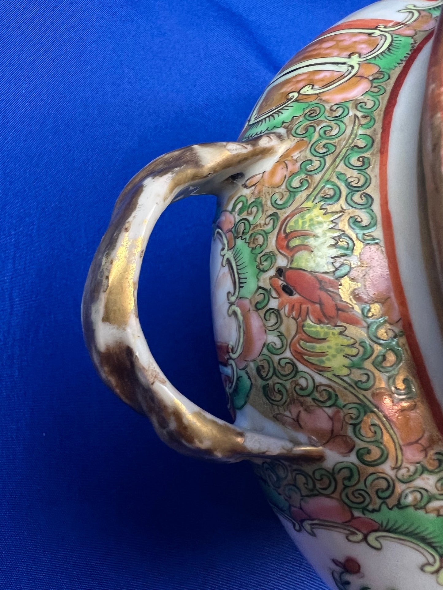 Antique Rare Rose Medallion Covered Tureen - Mushroom Top Finial & Woven Handles - Gilt Detailing