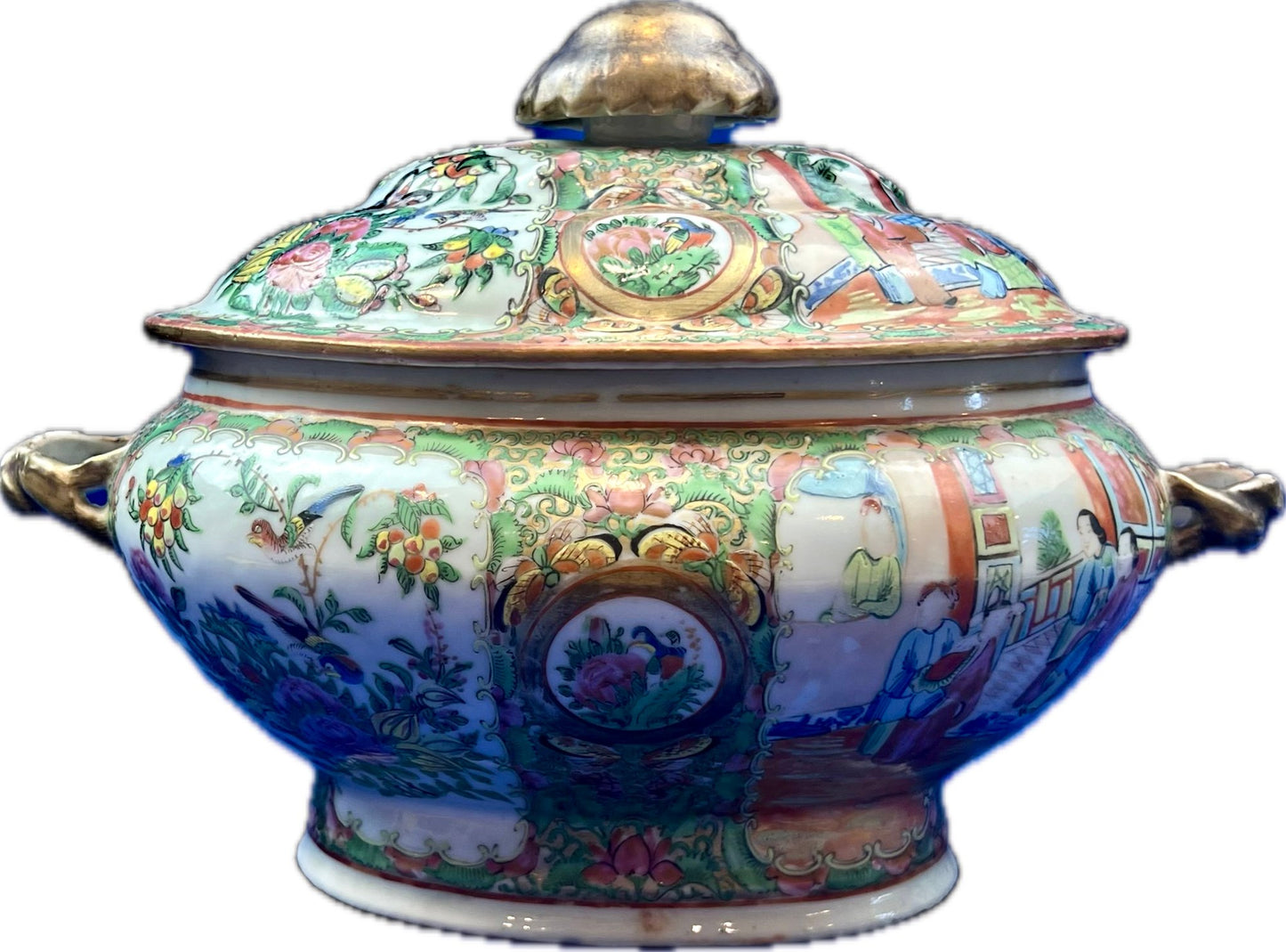 Antique Rare Rose Medallion Covered Tureen - Mushroom Top Finial & Woven Handles - Gilt Detailing