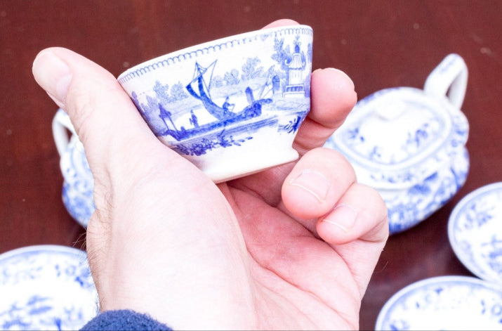 Beautiful Antique Twelve Piece English Continental Blue And White China Tea Service