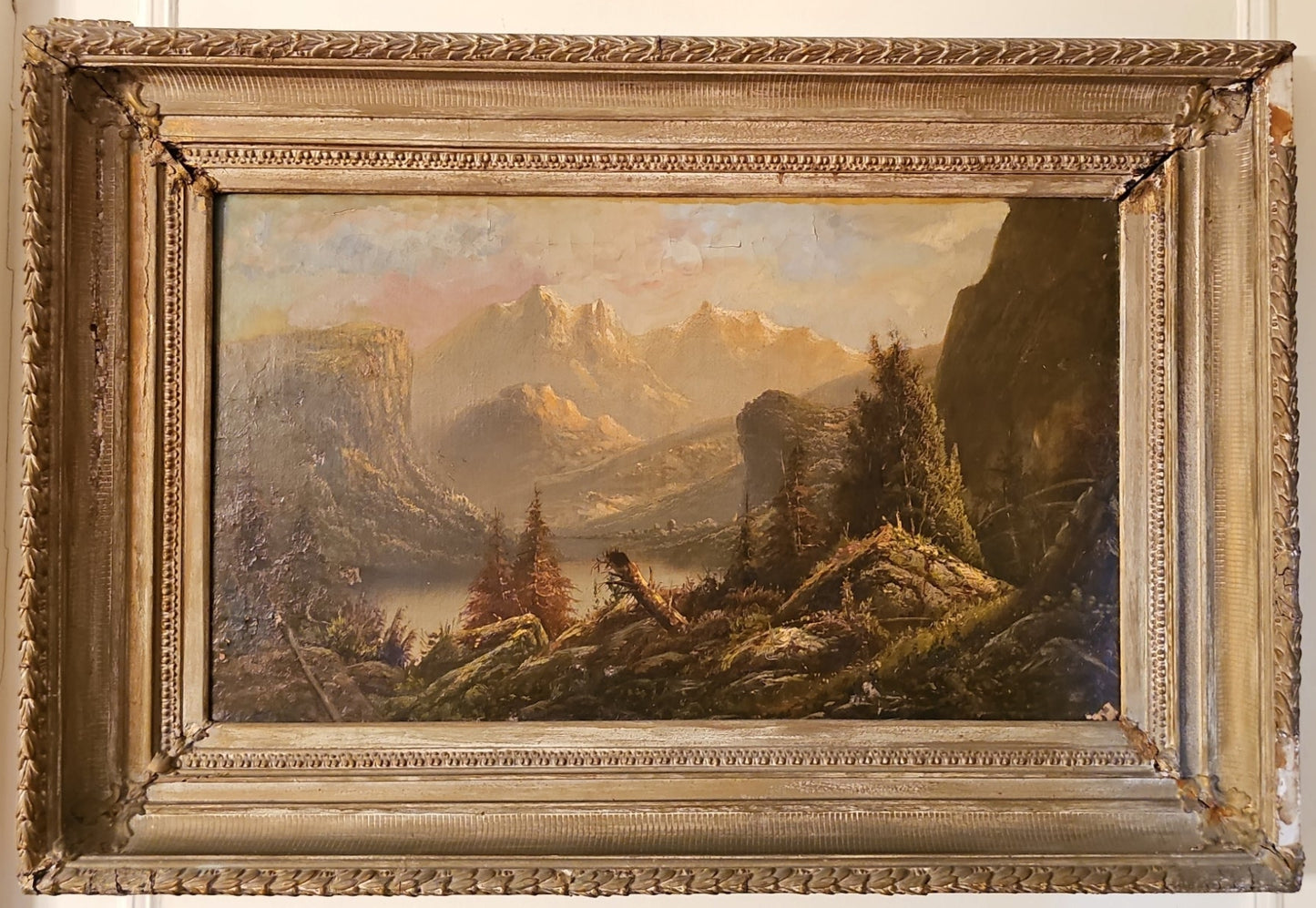 Very Large Antique Mountain Landscape Painting, Oil on Canvas, c. 1900, Antique Frame