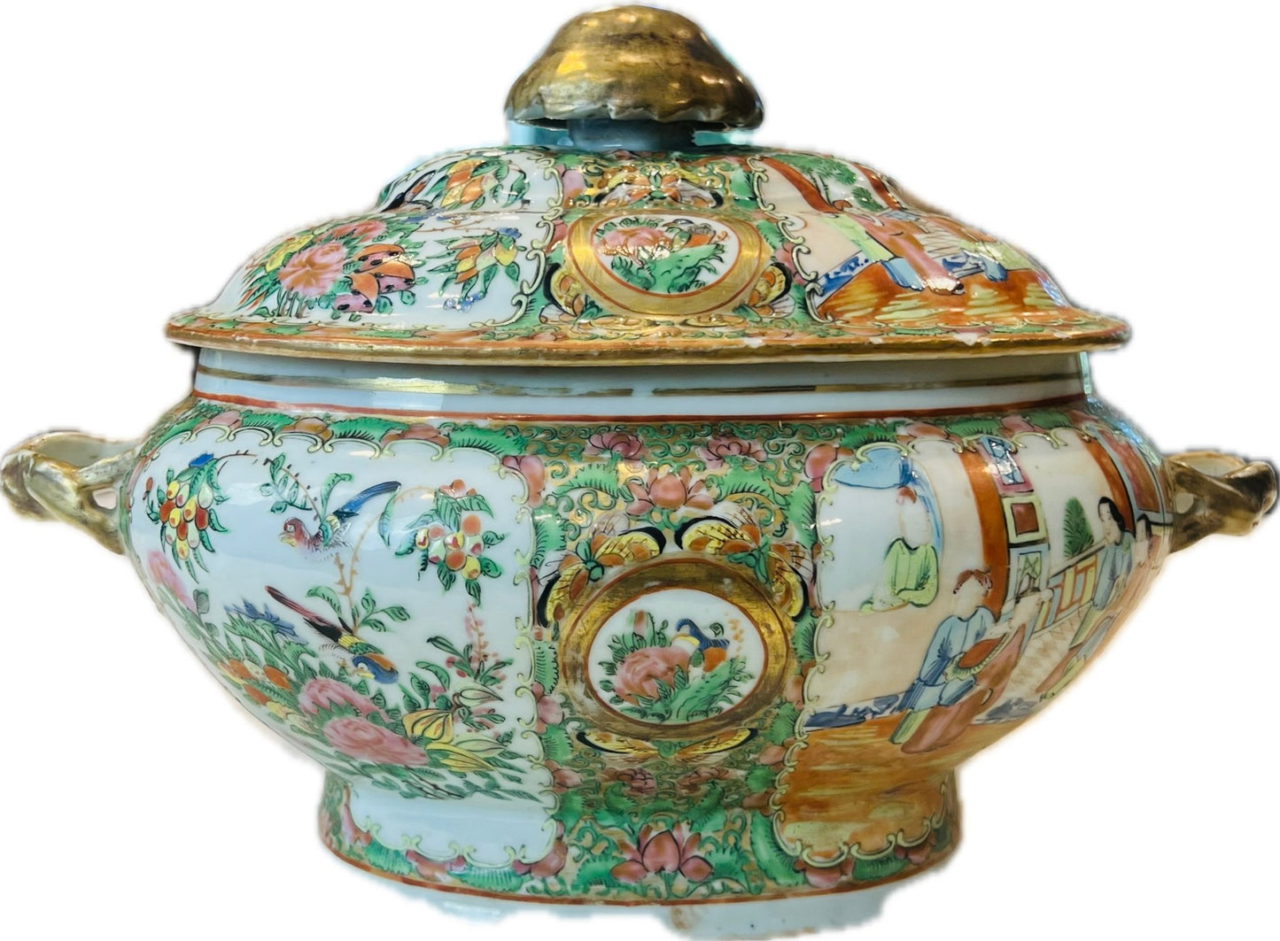 Antique Rare Rose Medallion Covered Tureen - Mushroom Top Finial & Woven Handles - Gilt Detailing