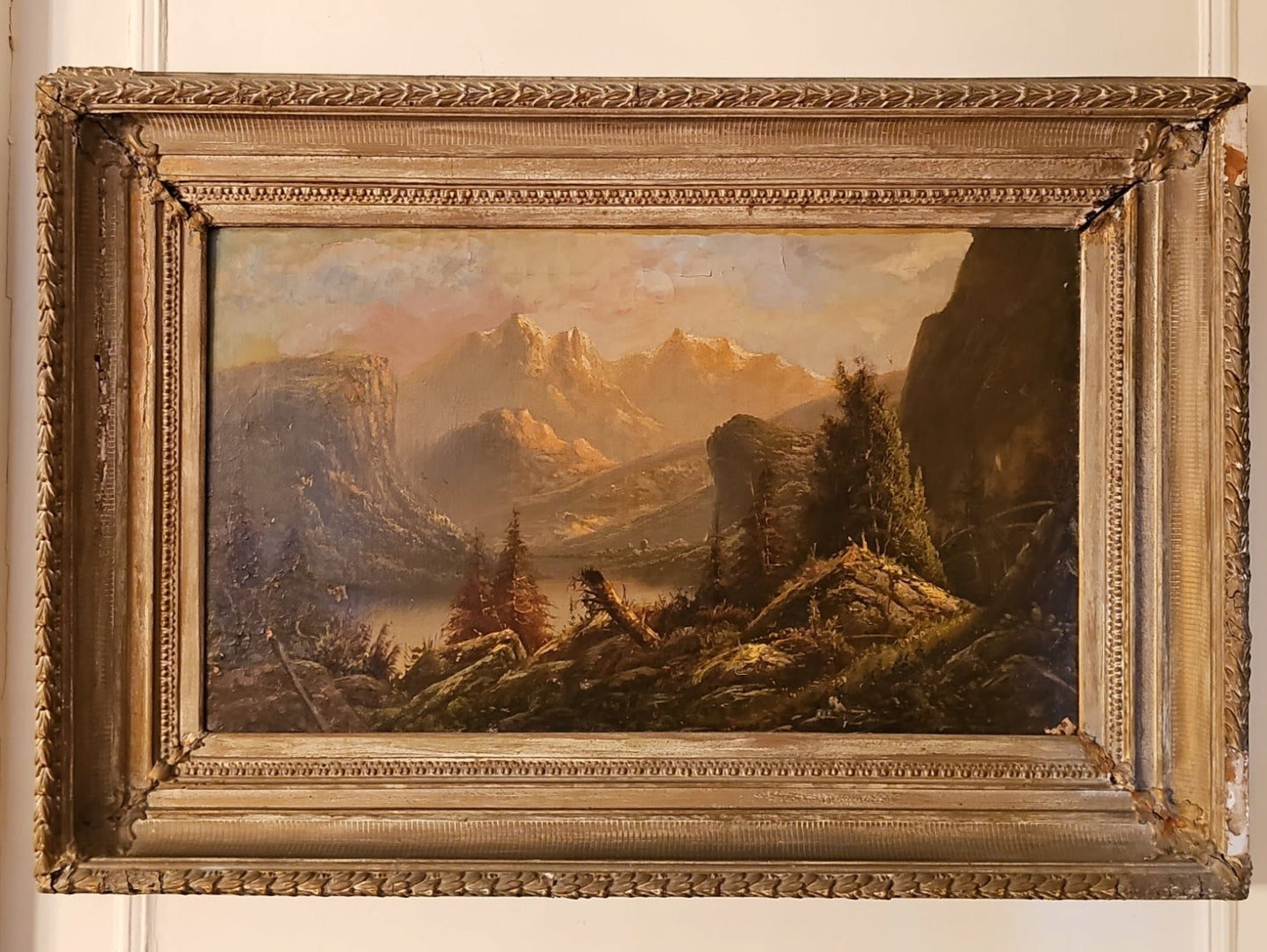 Very Large Antique Mountain Landscape Painting, Oil on Canvas, c. 1900, Antique Frame