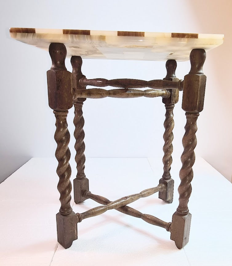 1980s Rare and Distinct Handcrafted Onyx and Marble Chess Set on Jacobean Style Wooden Frame