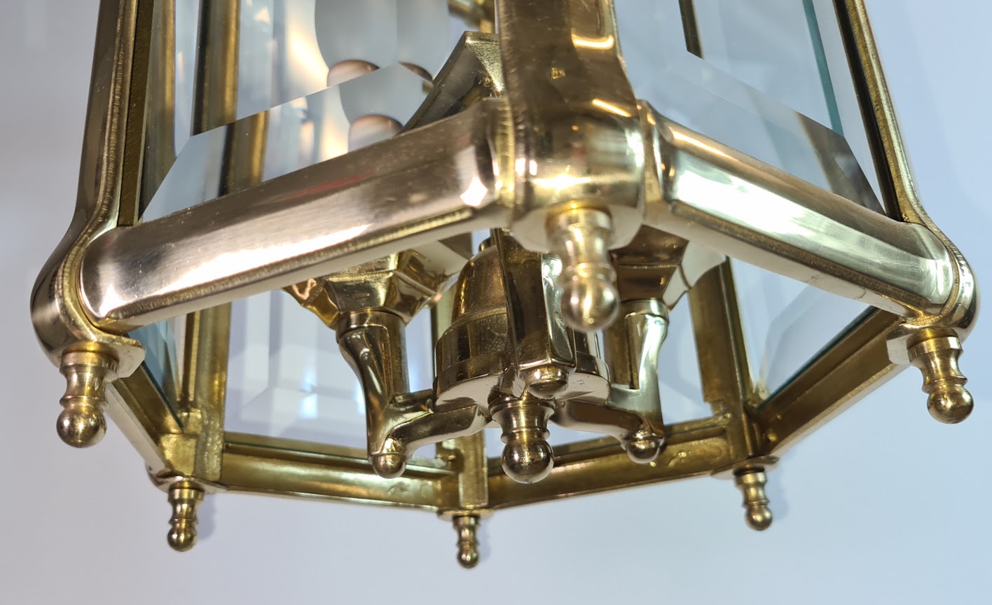 Antique Brass Hexagon Beveled Glass Hall Lantern, Late 1800 - Early 1900