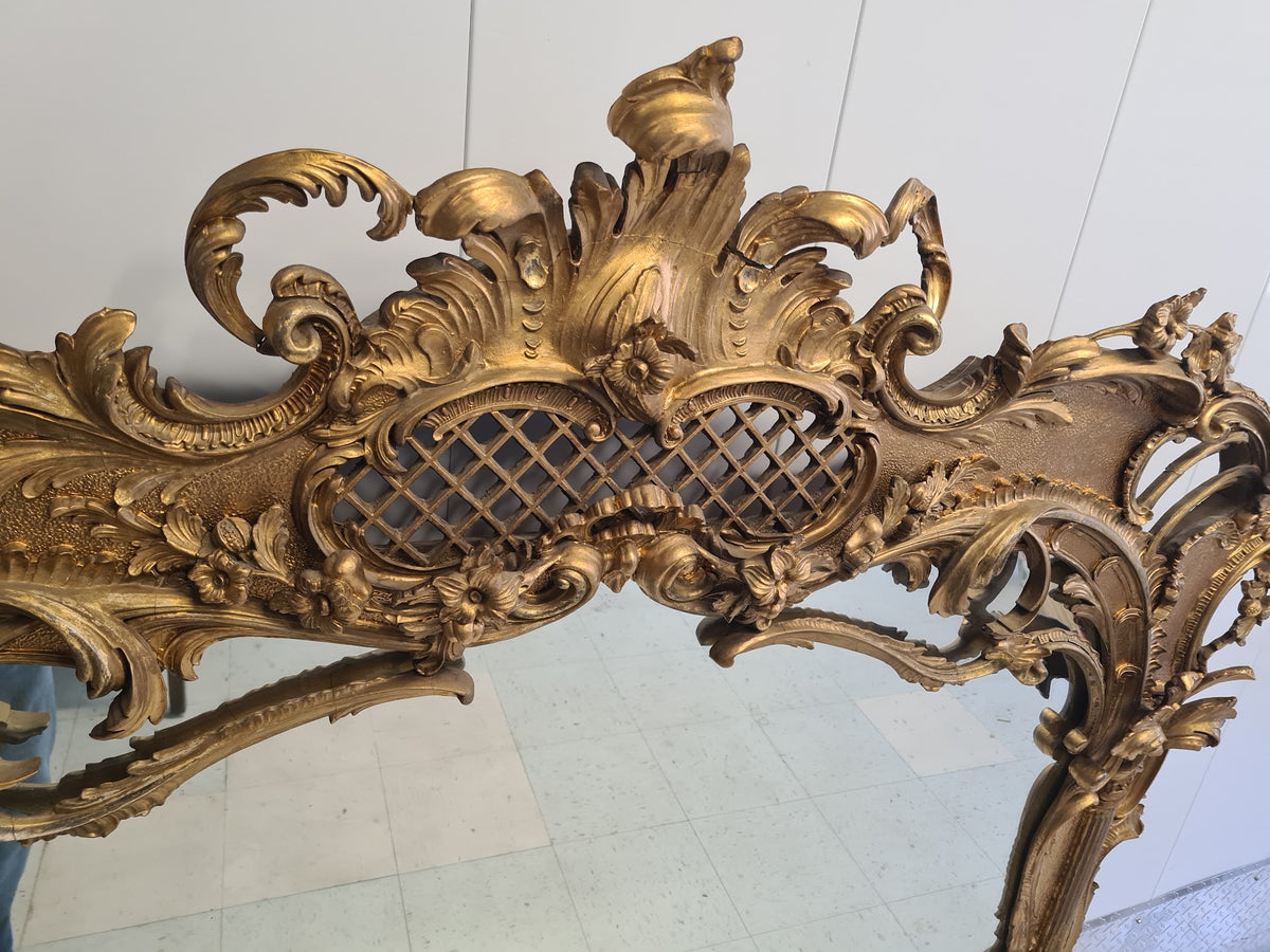 Monumental English Late 1800 Rococo /Chippendale Revival  Carved Giltwood Overmantle Mirror with Ho-Ho Birds